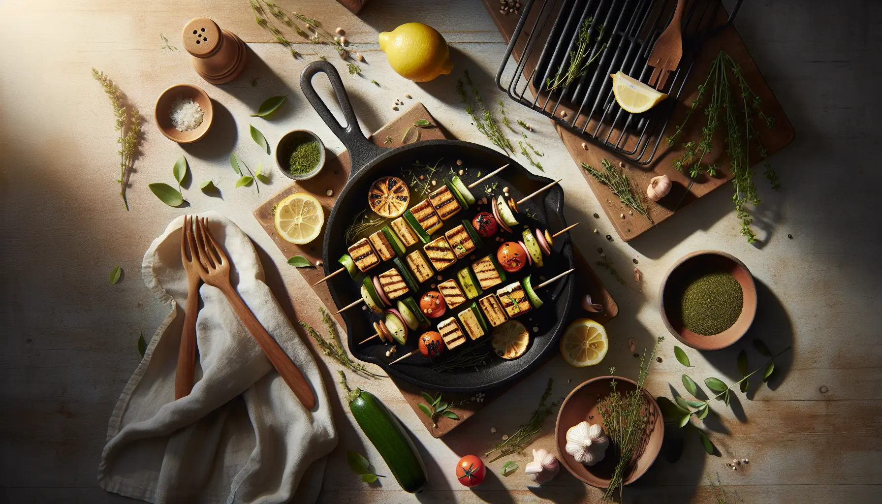 Spring Vegetable and Lemon Herb Grilled Tofu Skewers plated