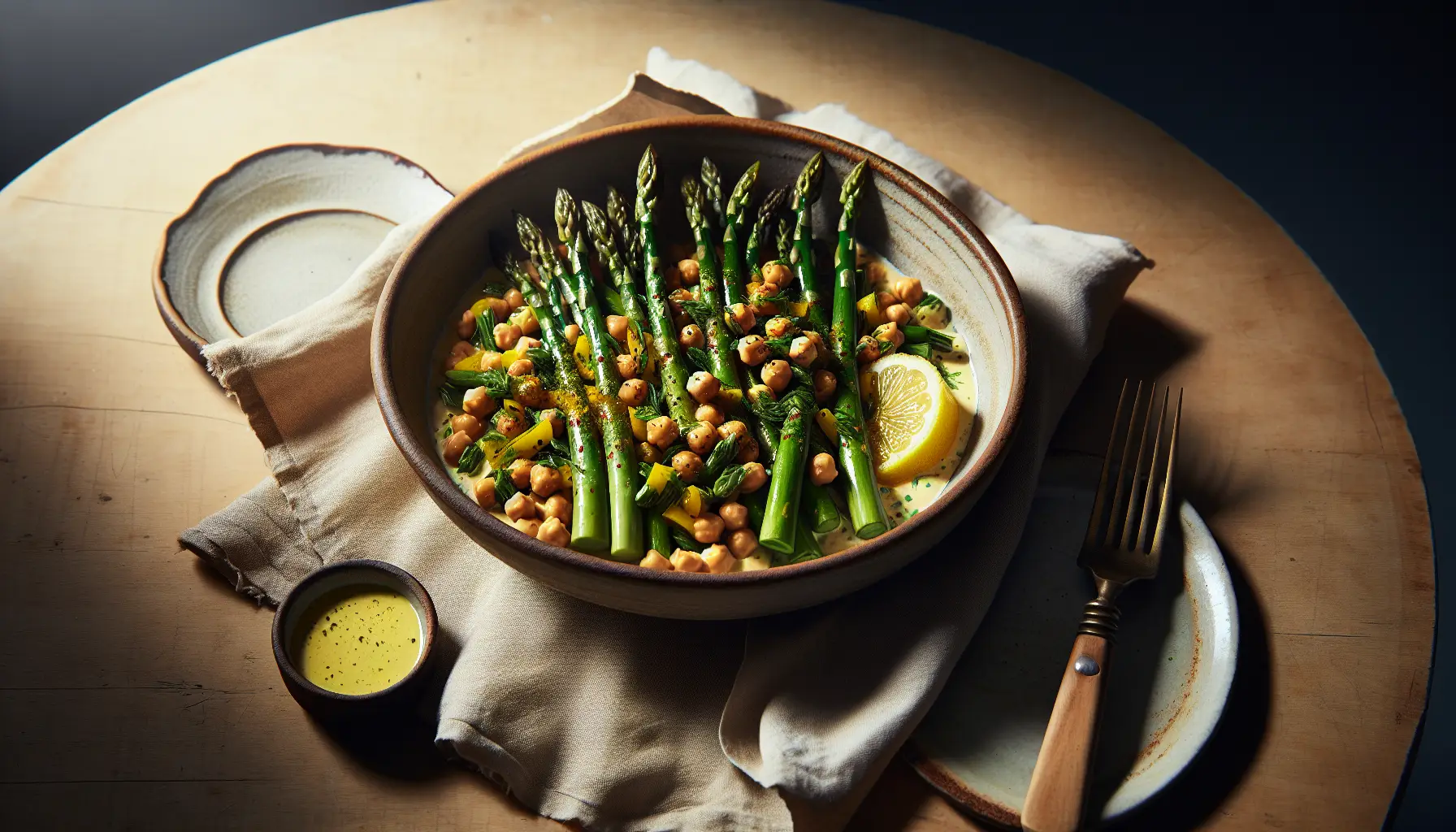 Spring Asparagus and Chickpea Stir-Fry with Lemon-Tahini Sauce plated