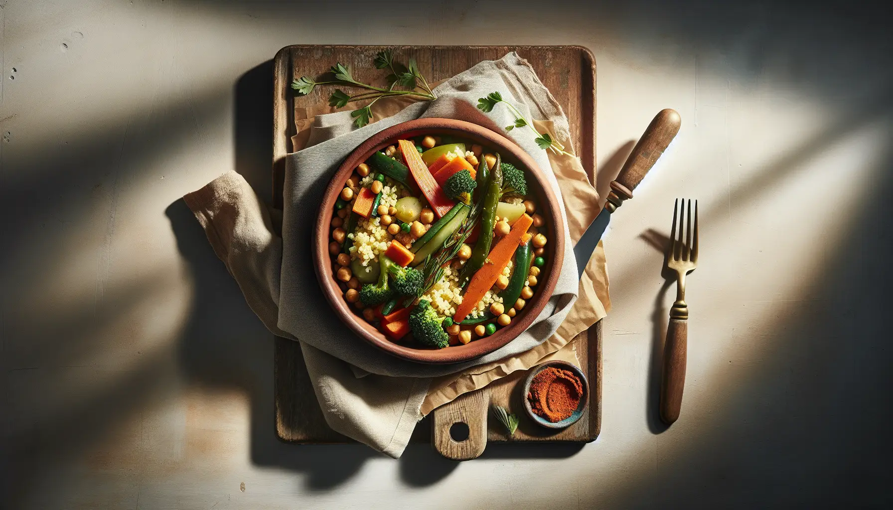 Spring Vegetable and Chickpea Tagine with Harissa Couscous plated
