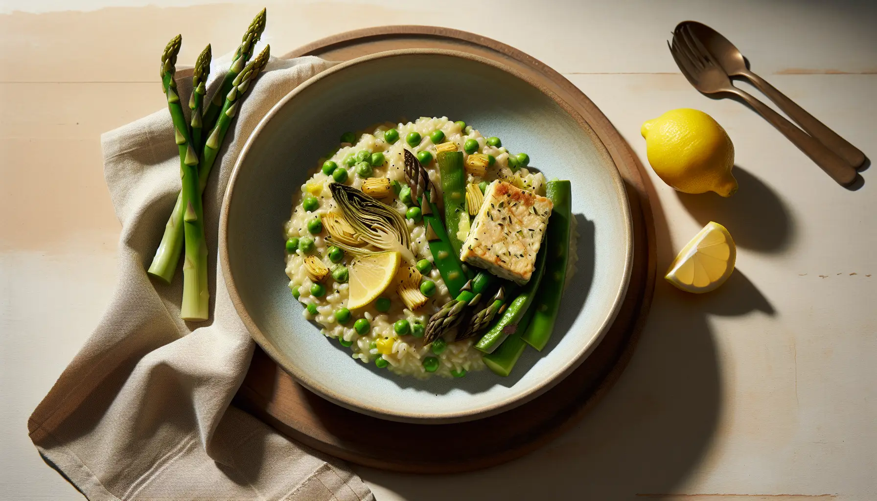 Spring Pea and Artichoke Risotto with Lemon-Asparagus Tempeh plated