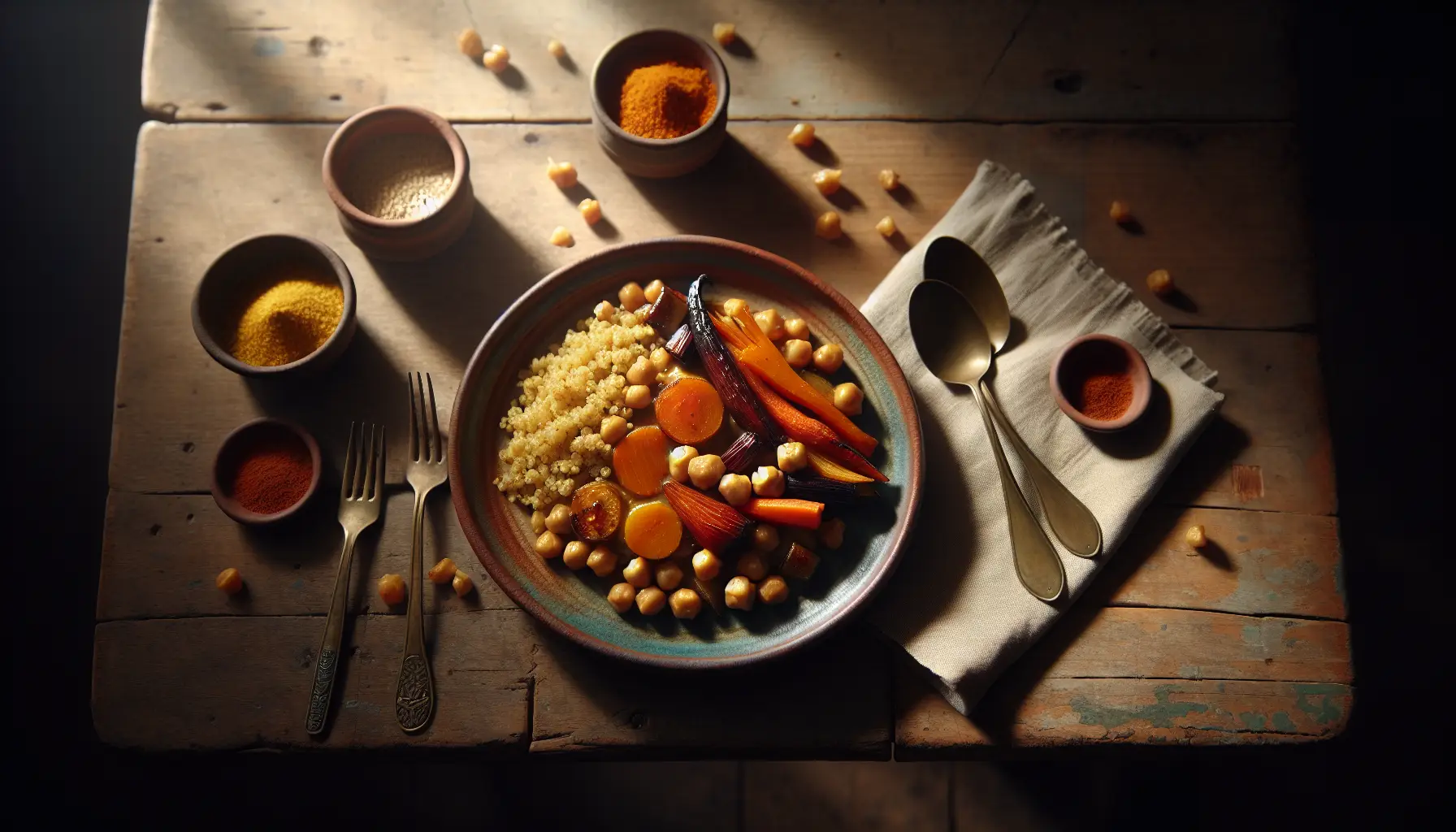 Roasted Autumn Root Vegetable and Chickpea Tagine with Saffron Quinoa plated