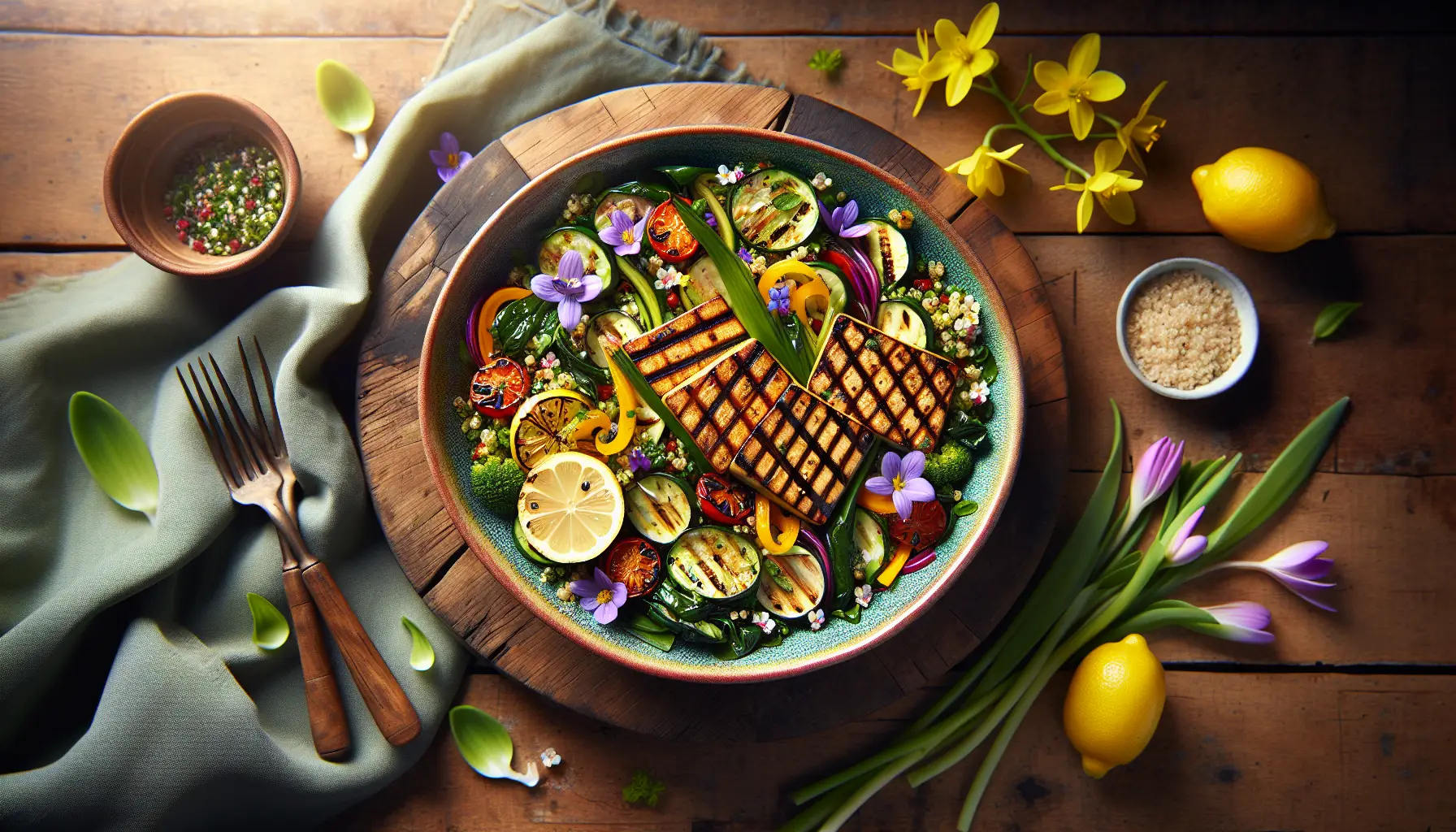 Spring Vegetable and Lemon Herb Quinoa Salad with Grilled Tempeh plated