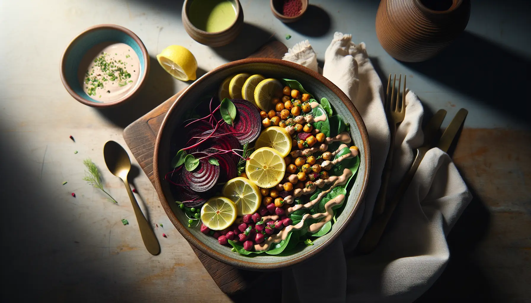 Roasted Beet and Chickpea Power Bowl with Tahini-Lemon Dressing plated