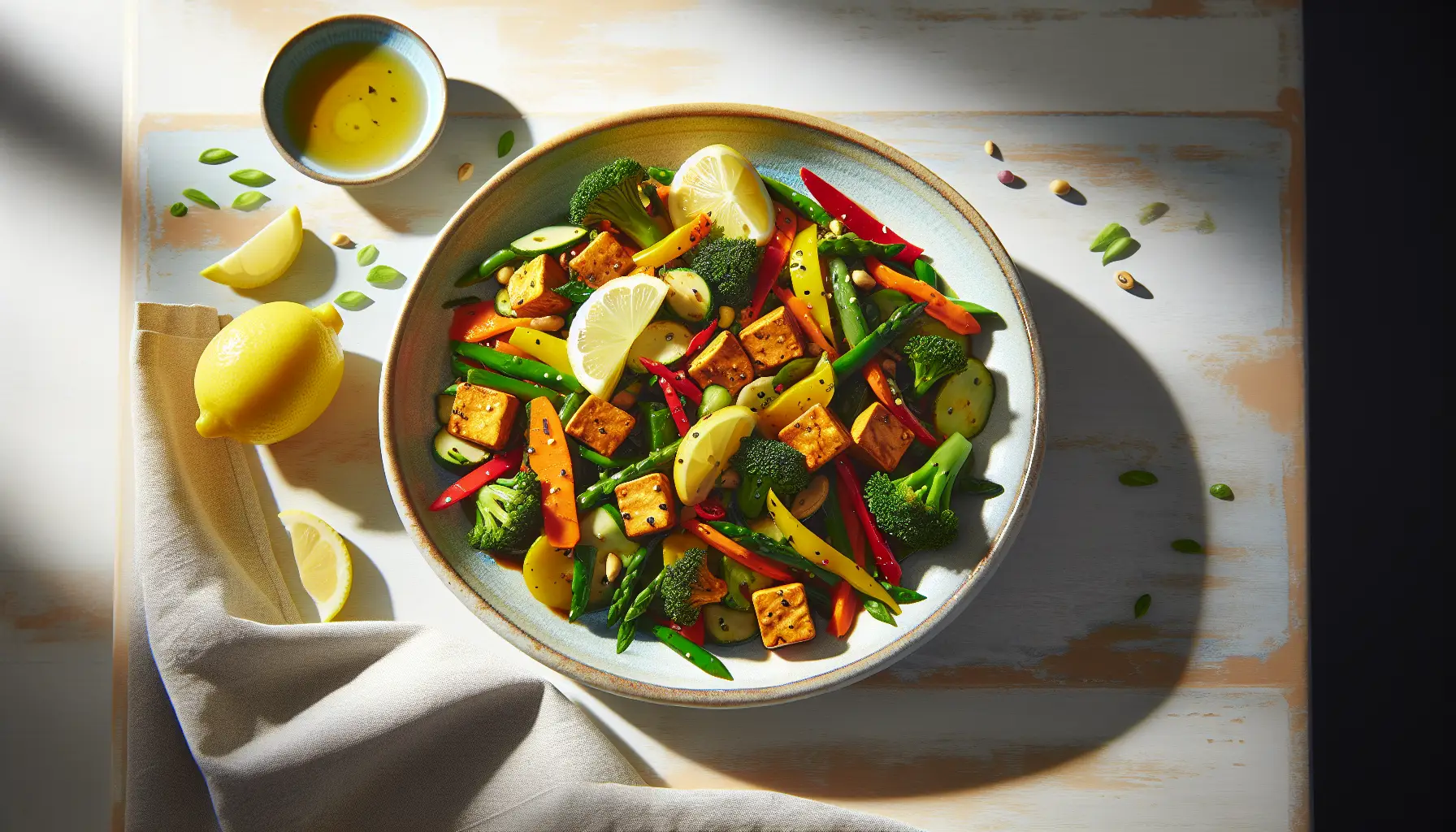 Spring Vegetable and Tempeh Stir-Fry with Lemon-Ginger Sauce plated