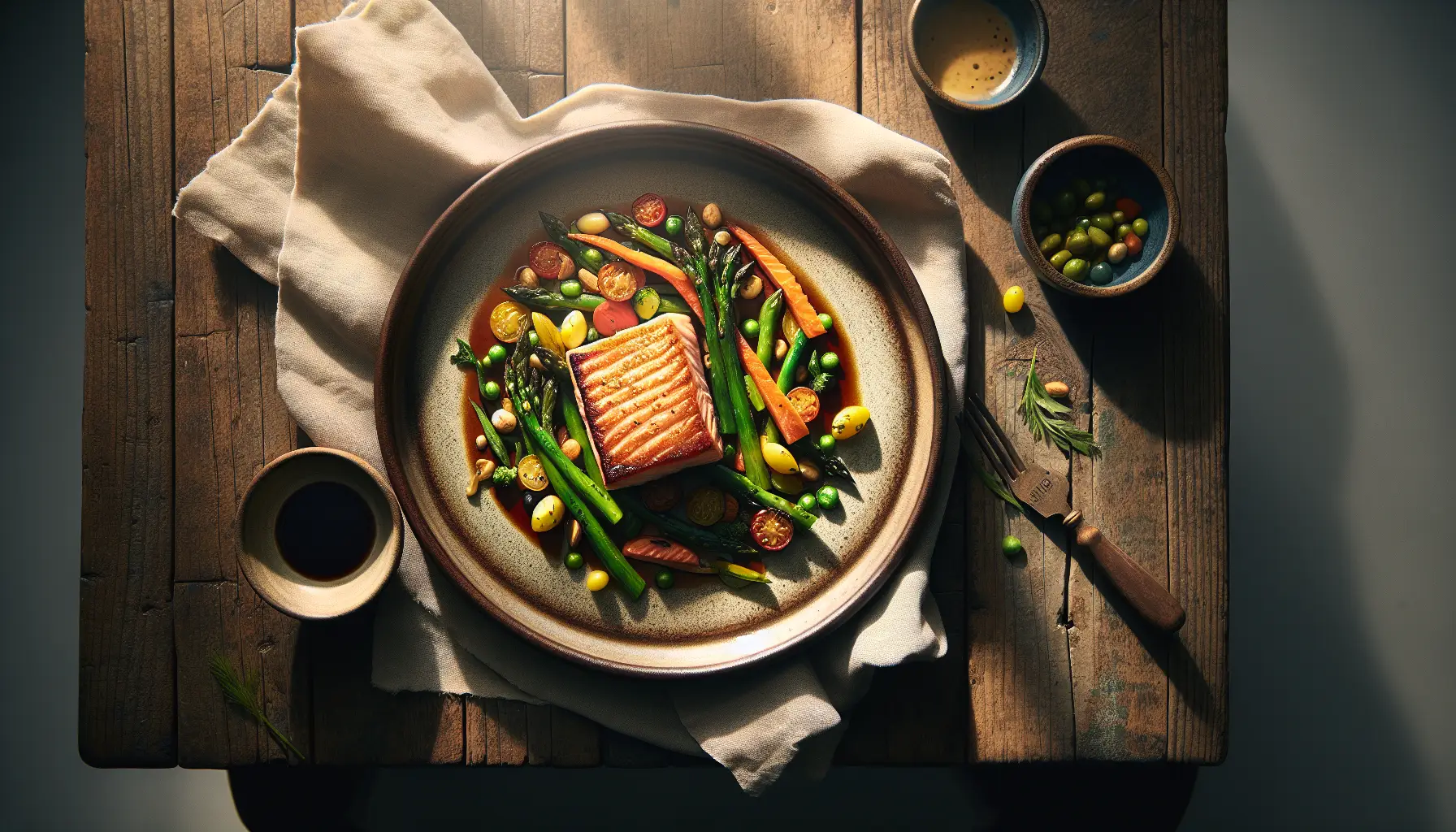 Pan-Seared Salmon with Spring Vegetable Medley plated