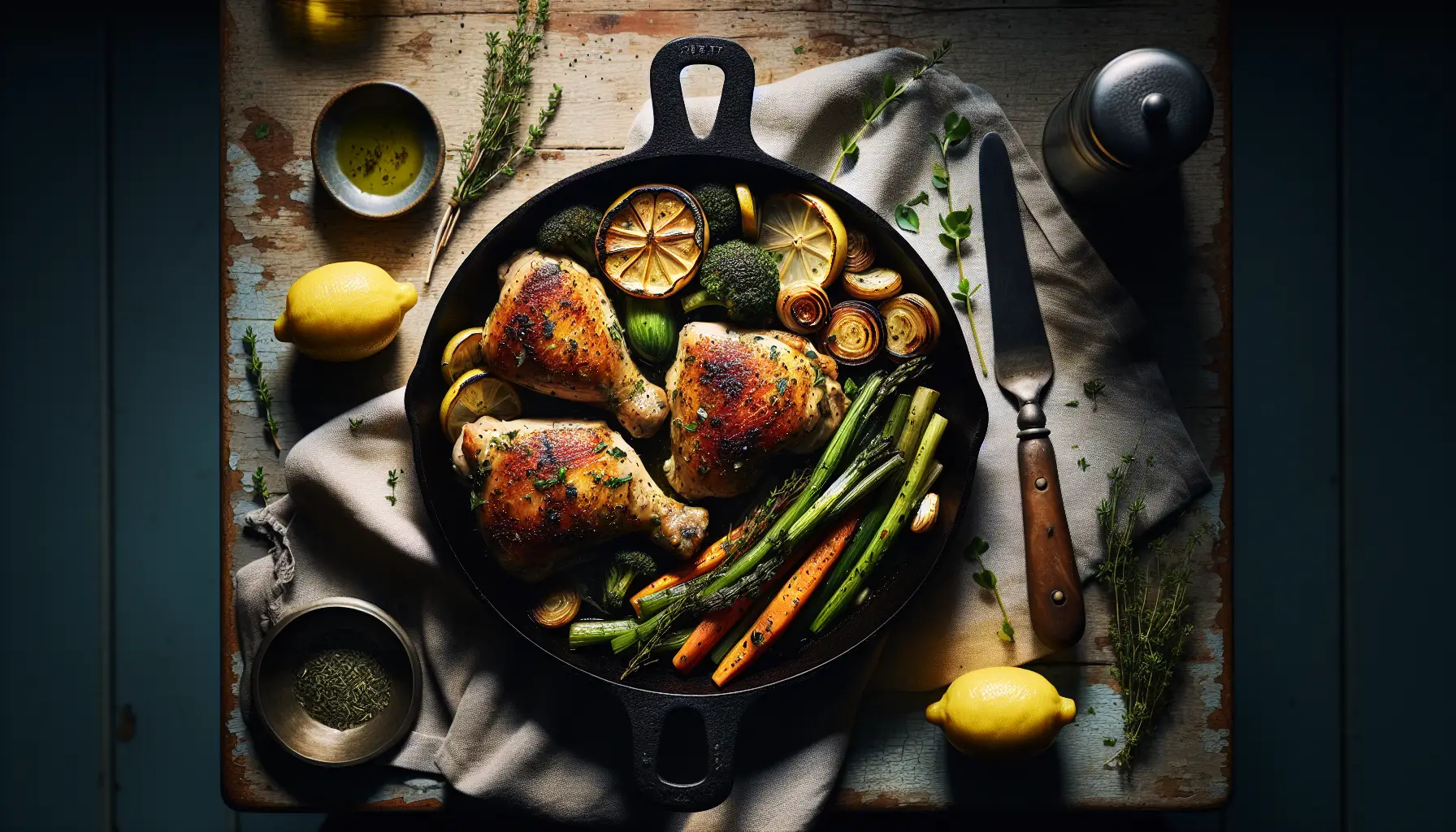 Herbed Lemon Chicken Thighs with Roasted Spring Vegetables plated
