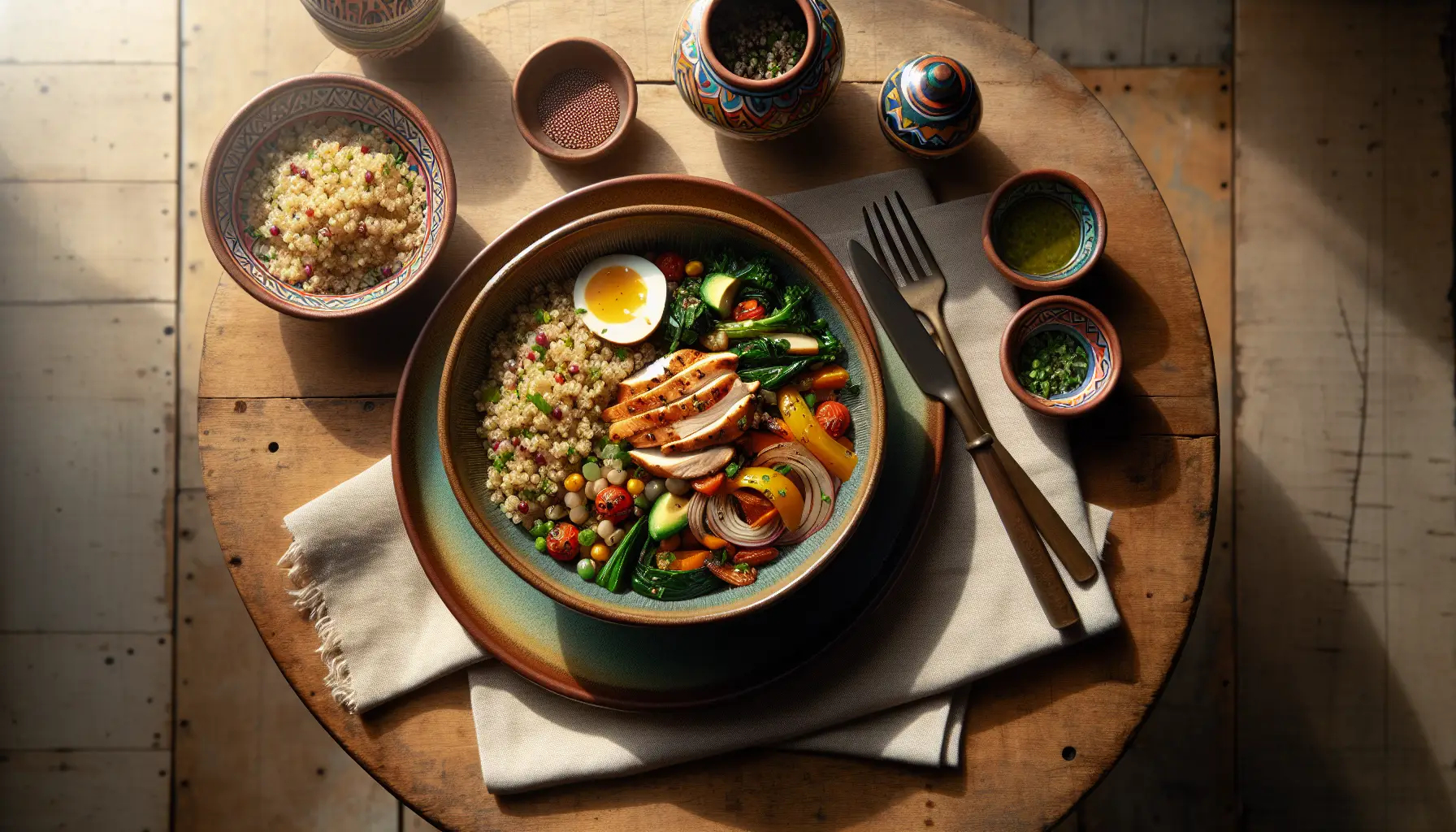 Peruvian Quinoa Grain Bowl with Stir-Fried Chicken and Seasonal Vegetables plated
