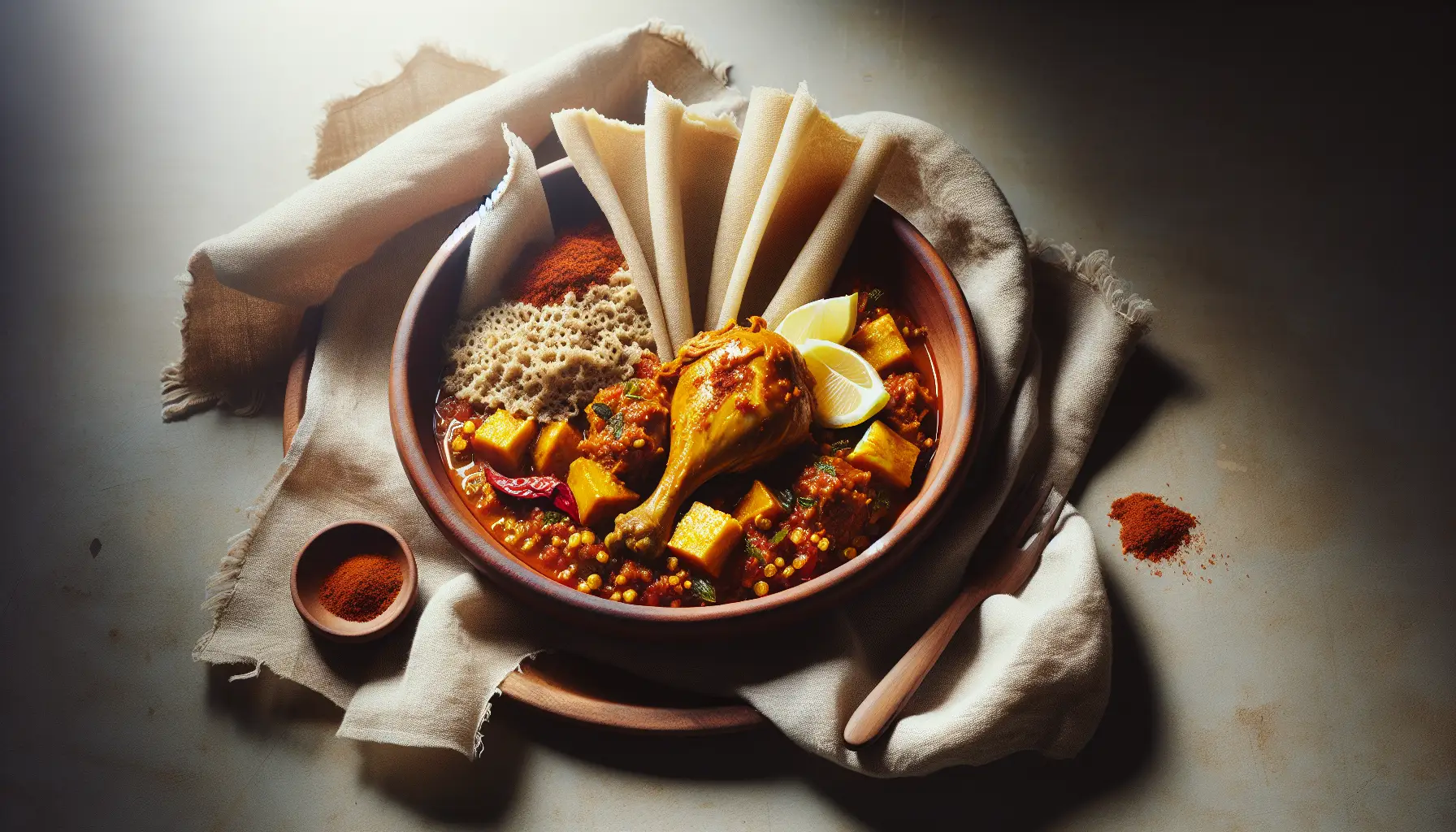 Ethiopian-Inspired Poached Chicken Stew with Berbere and Injera Crumble plated