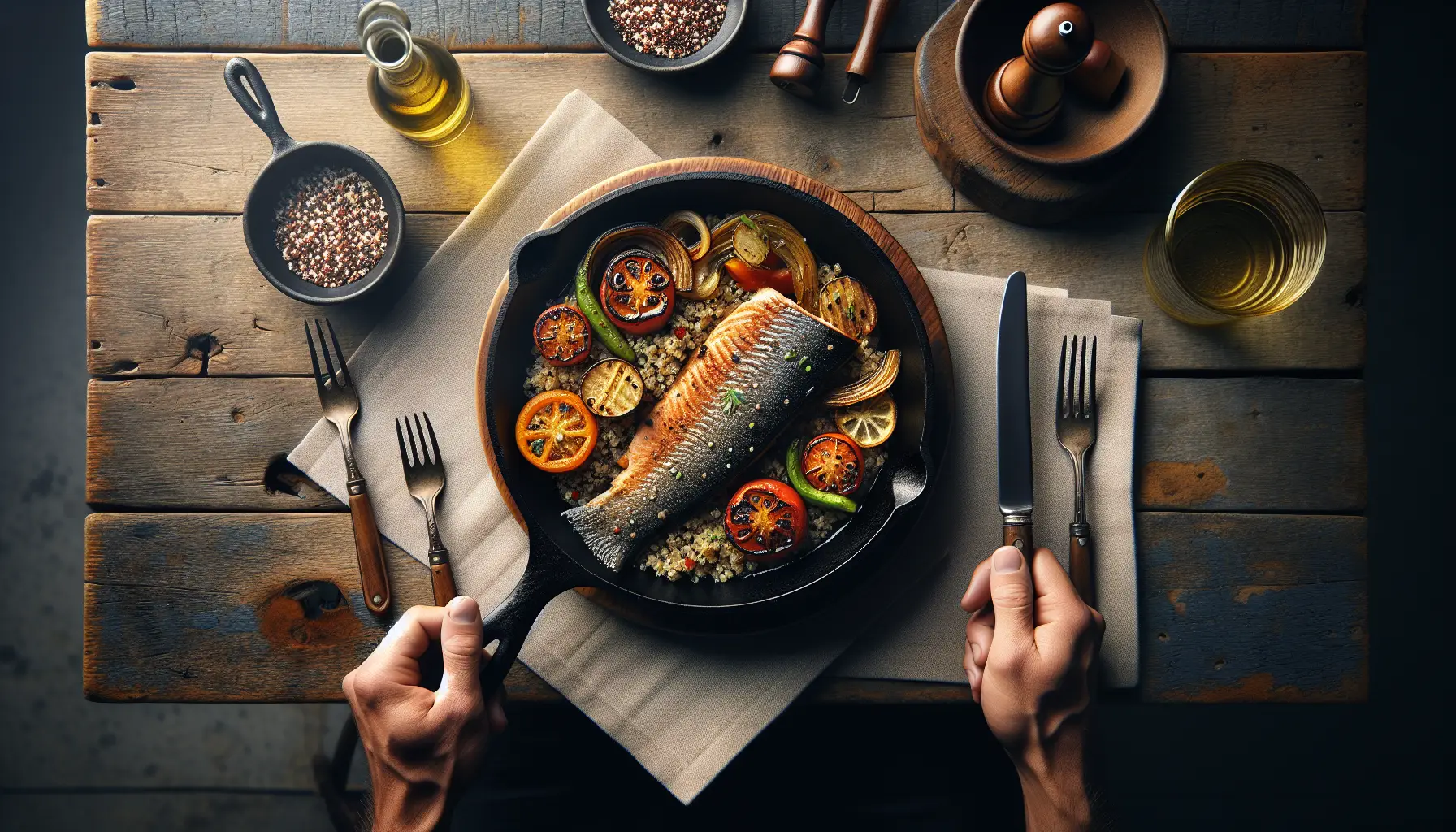 Peruvian Skillet Trout with Quinoa and Roasted Vegetables plated