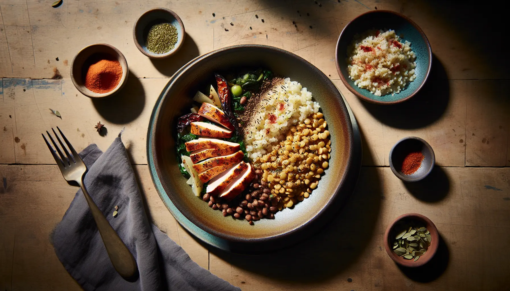 Lebanese Lentil and Bulgur Grain Bowl with Sumac-Spiced Chicken plated