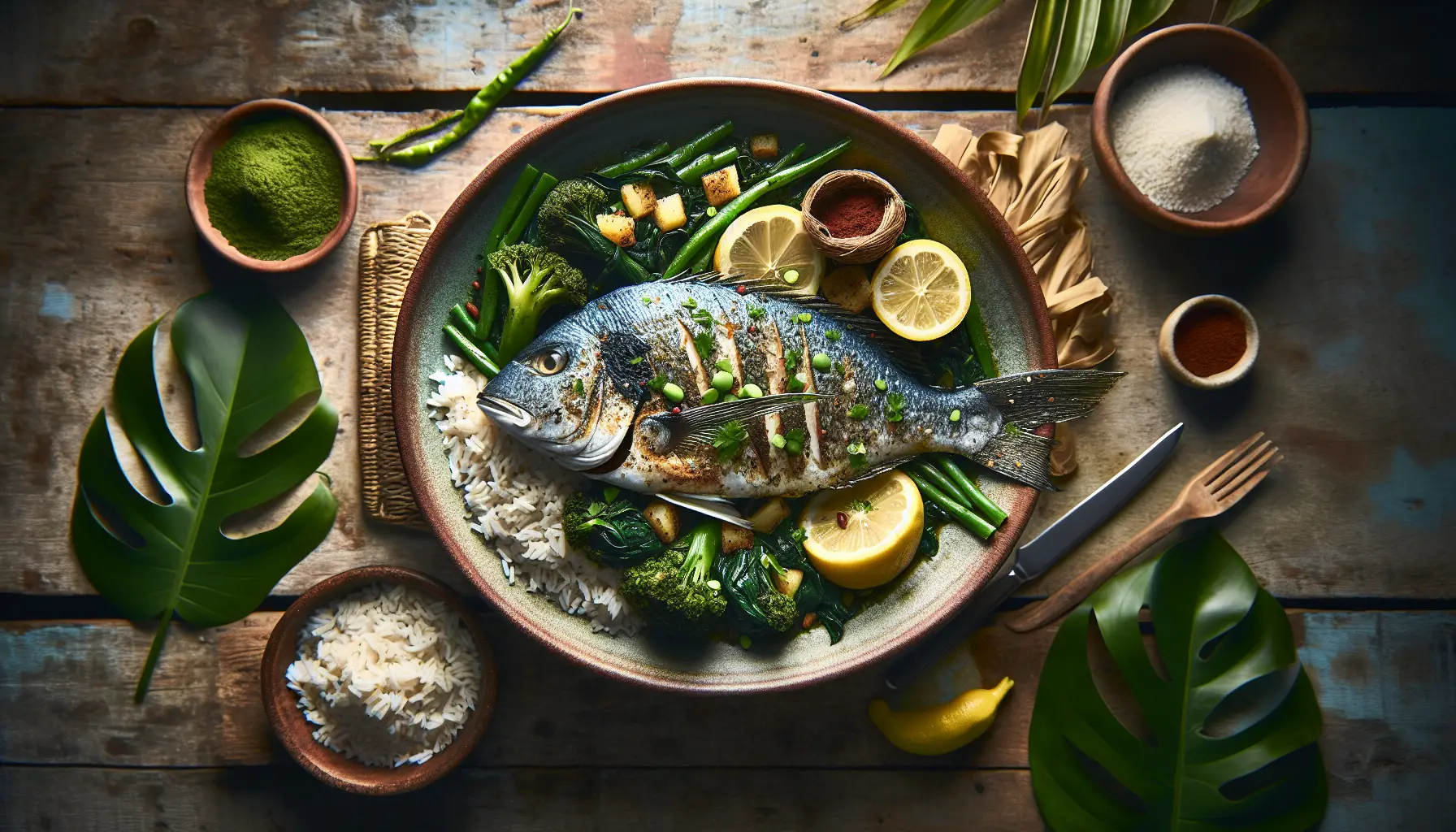 Caribbean Steamed Snapper with Callaloo and Spiced Coconut Rice plated