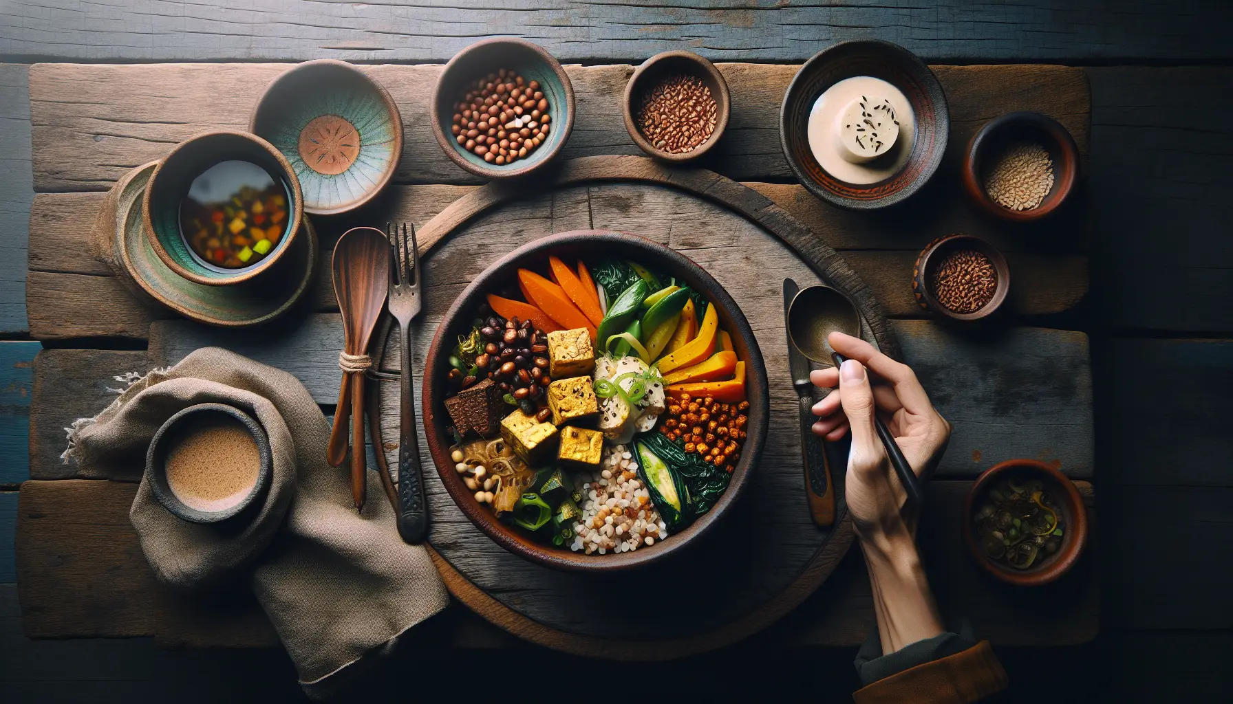 Indonesian Steamed Tempeh and Vegetable Grain Bowl plated