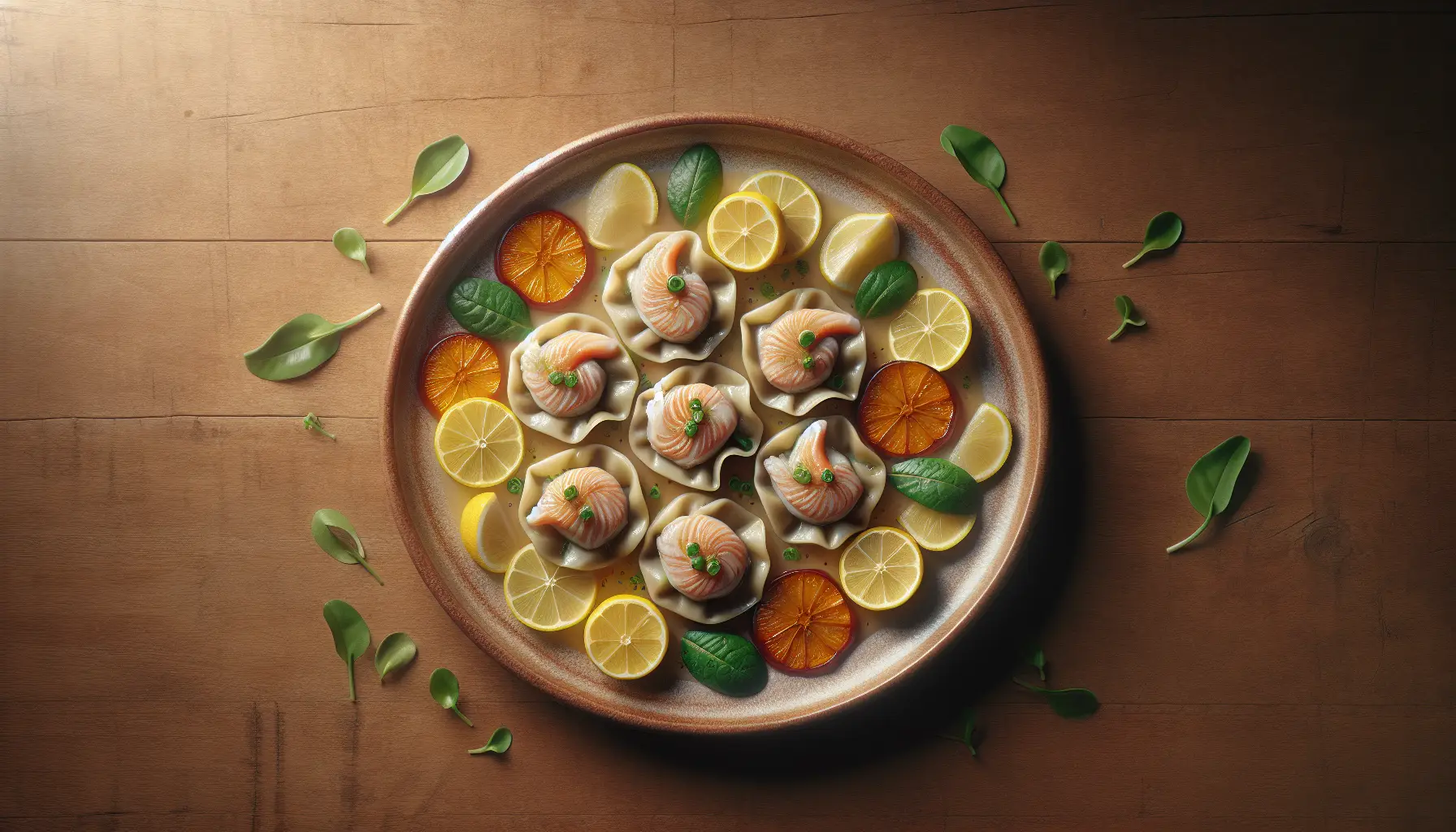 Peruvian Ceviche Dumplings with Citrus-Poached Fish plated