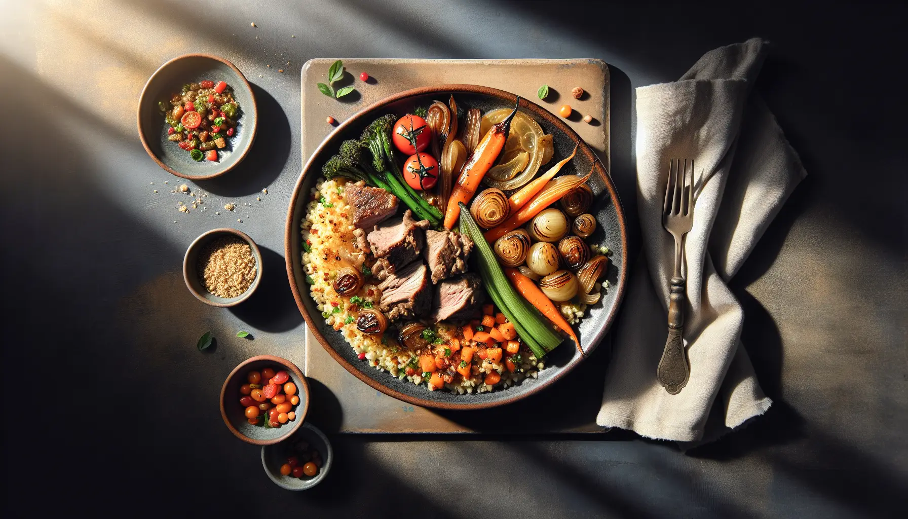 Lebanese Lamb and Bulgur Pilaf with Roasted Seasonal Vegetables plated