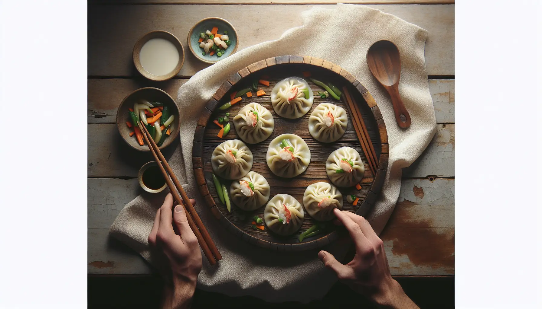 Filipino-Inspired Crab and Vegetable Steamed Dumplings plated