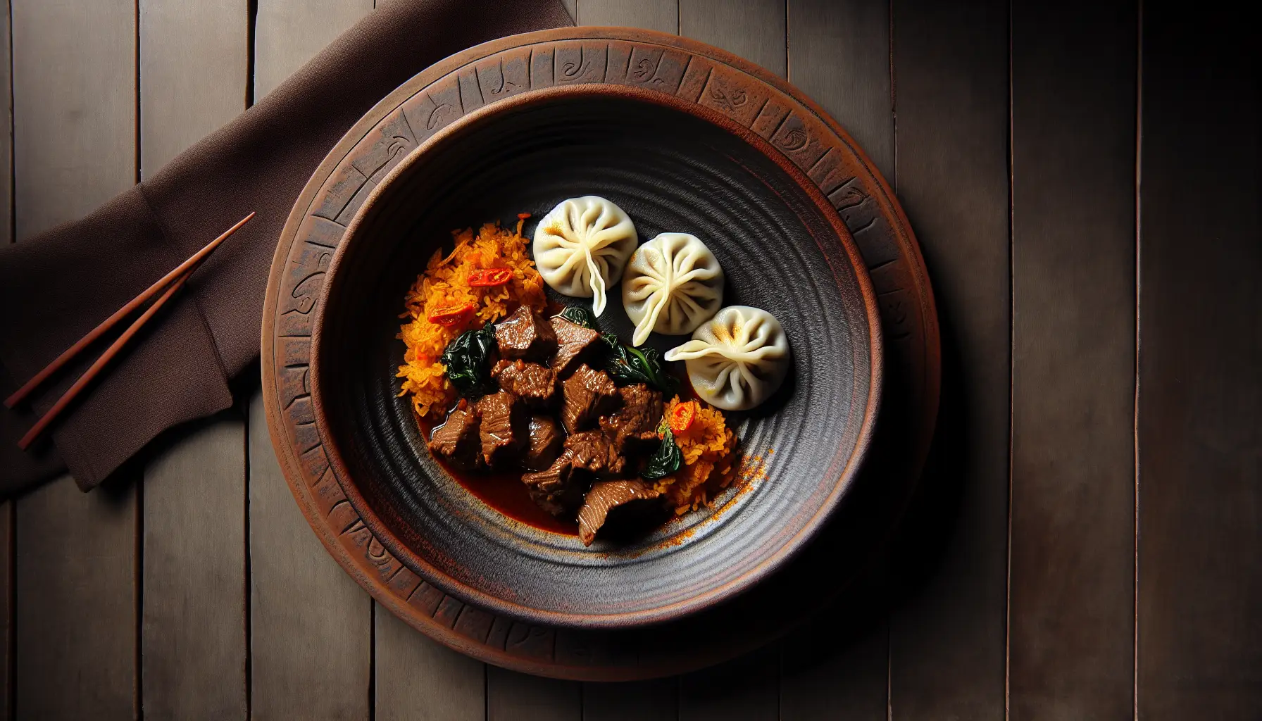 Indonesian-Inspired Beef Rendang with Steamed Dumplings plated