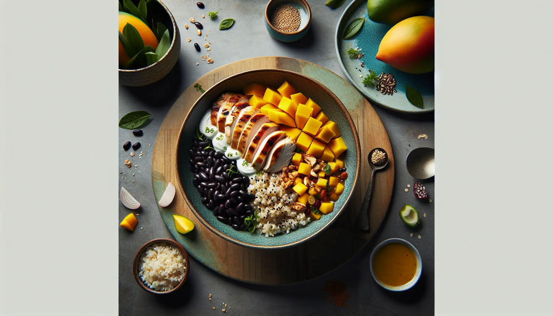 Poached Caribbean Chicken Grain Bowl with Mango and Black Beans plated