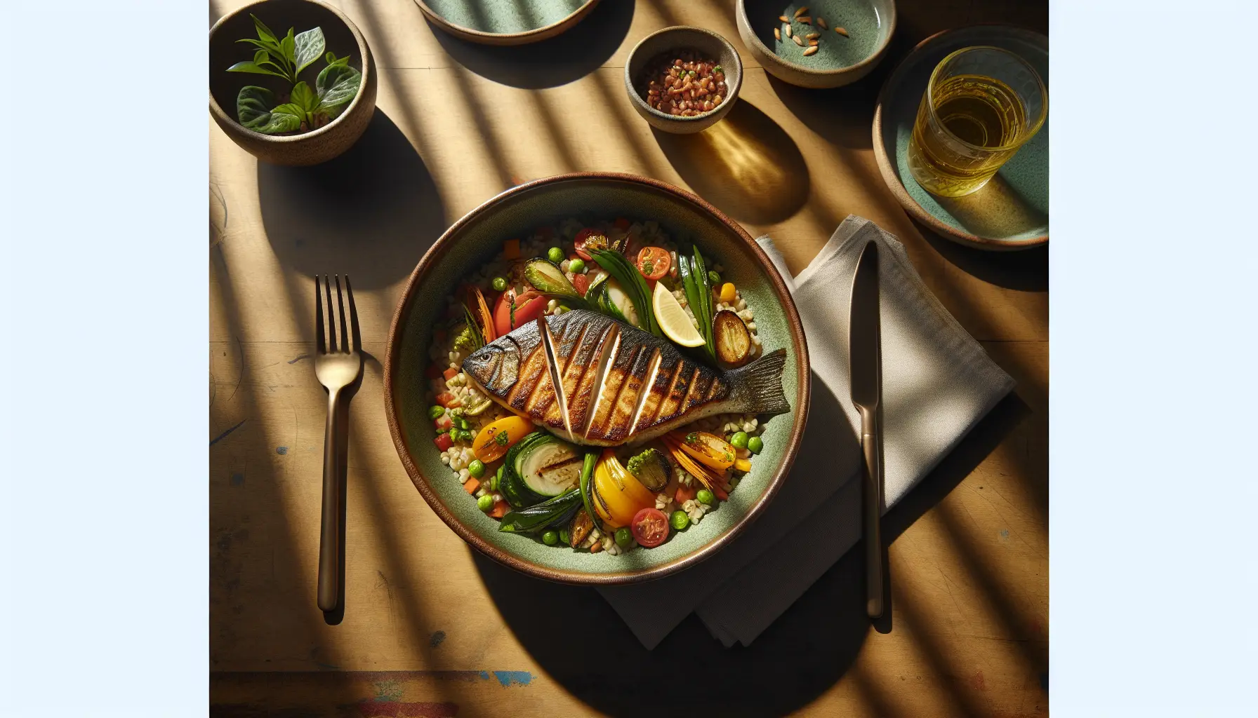 Caribbean-Style Steamed Fish Grain Bowl with Seasonal Vegetables plated