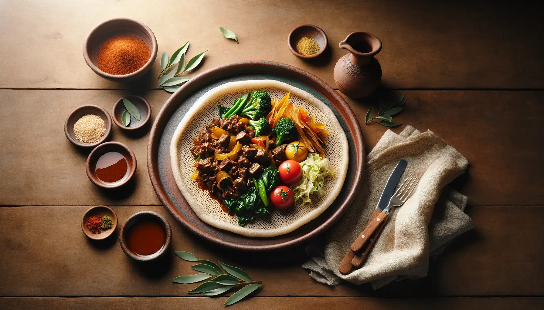Ethiopian Spiced Beef Stir-Fry with Injera and Seasonal Greens plated