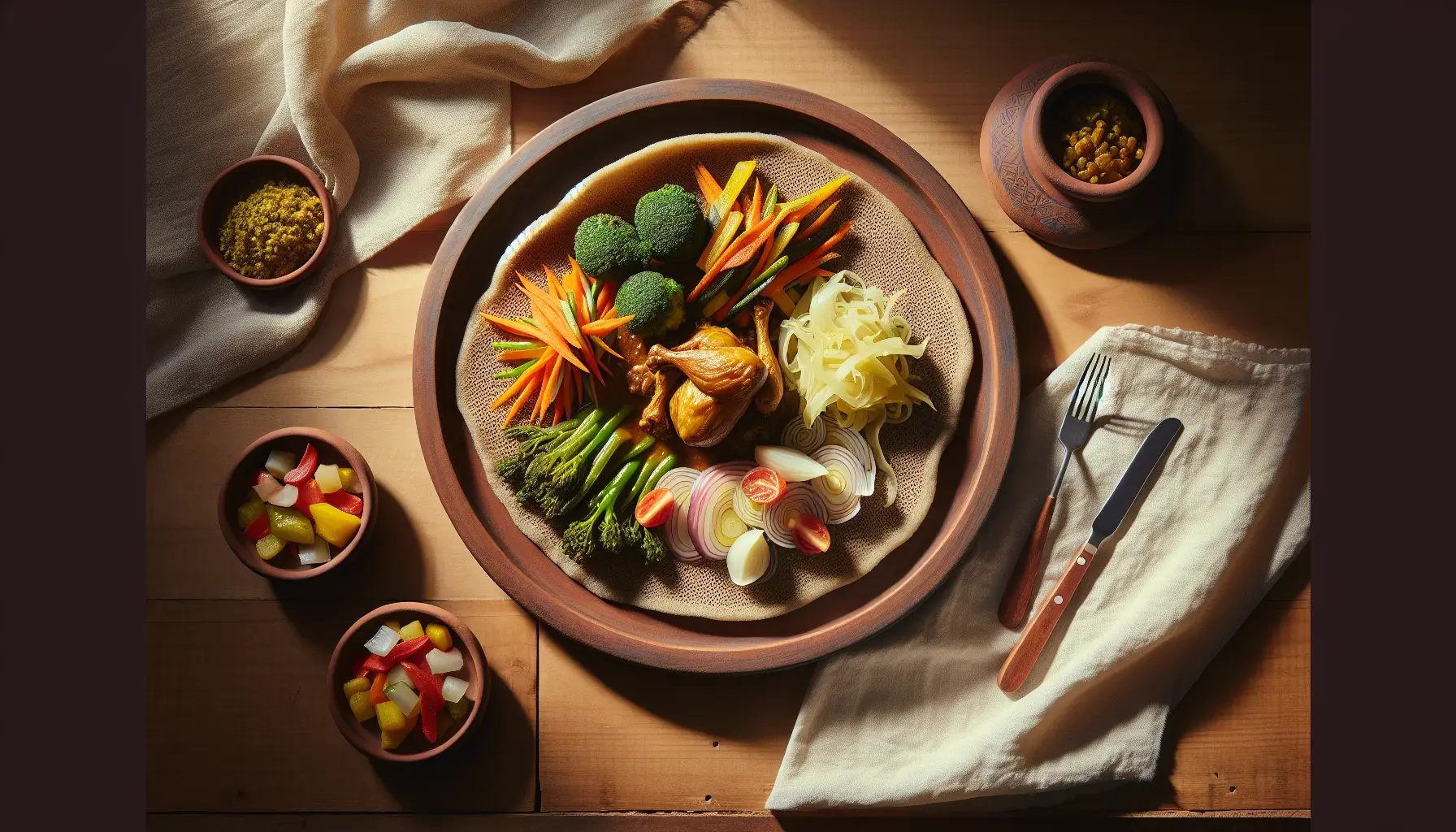 Ethiopian-Inspired Poached Chicken with Teff Injera and Steamed Seasonal Vegetables plated