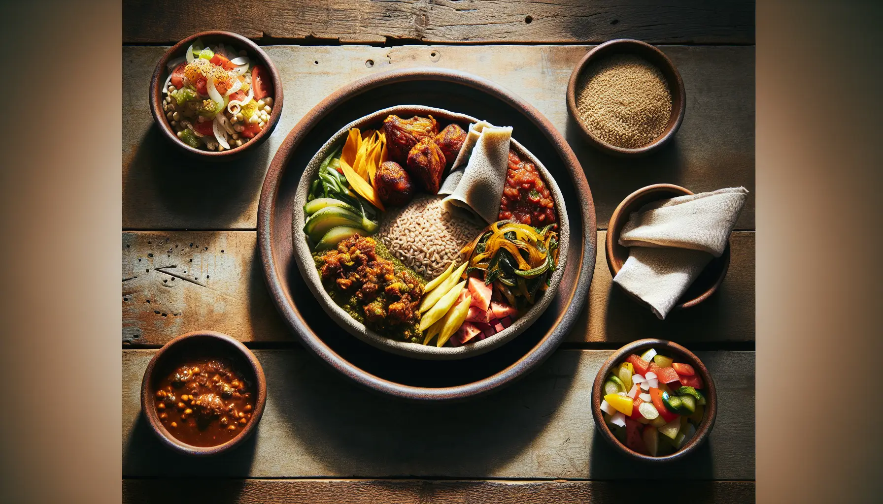 Ethiopian Spiced Injera Grain Bowl with Berbere Chicken and Seasonal Vegetables plated