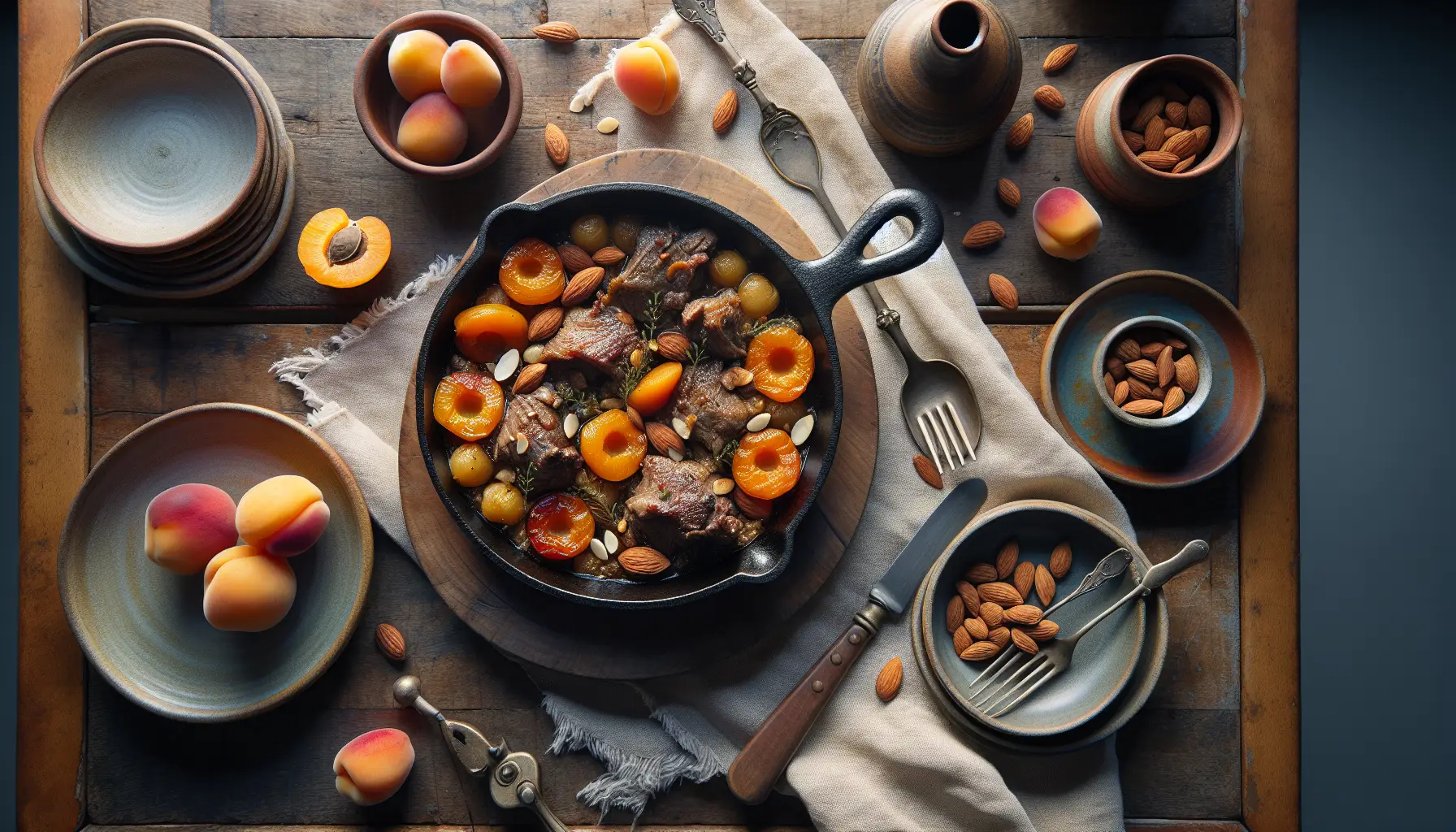 Lebanese Pressure-Cooked Lamb Skillet with Apricots and Almonds plated