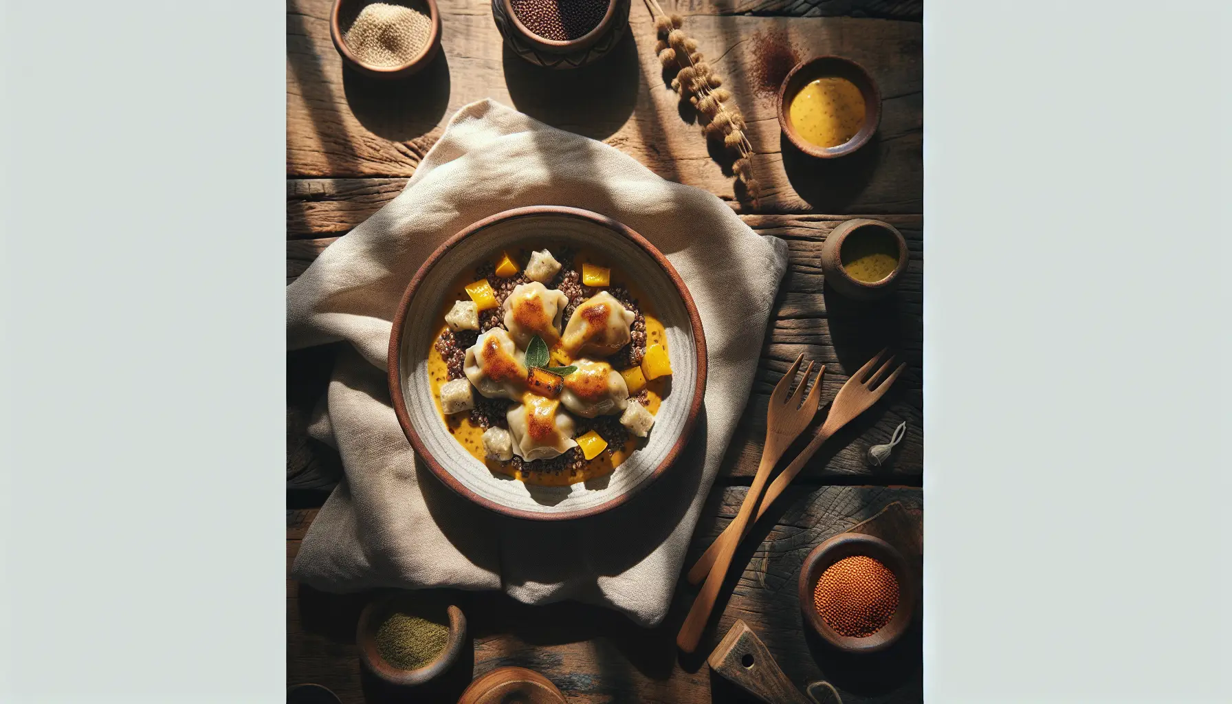 Peruvian Chicken and Quinoa Dumplings with Aji Amarillo Sauce plated