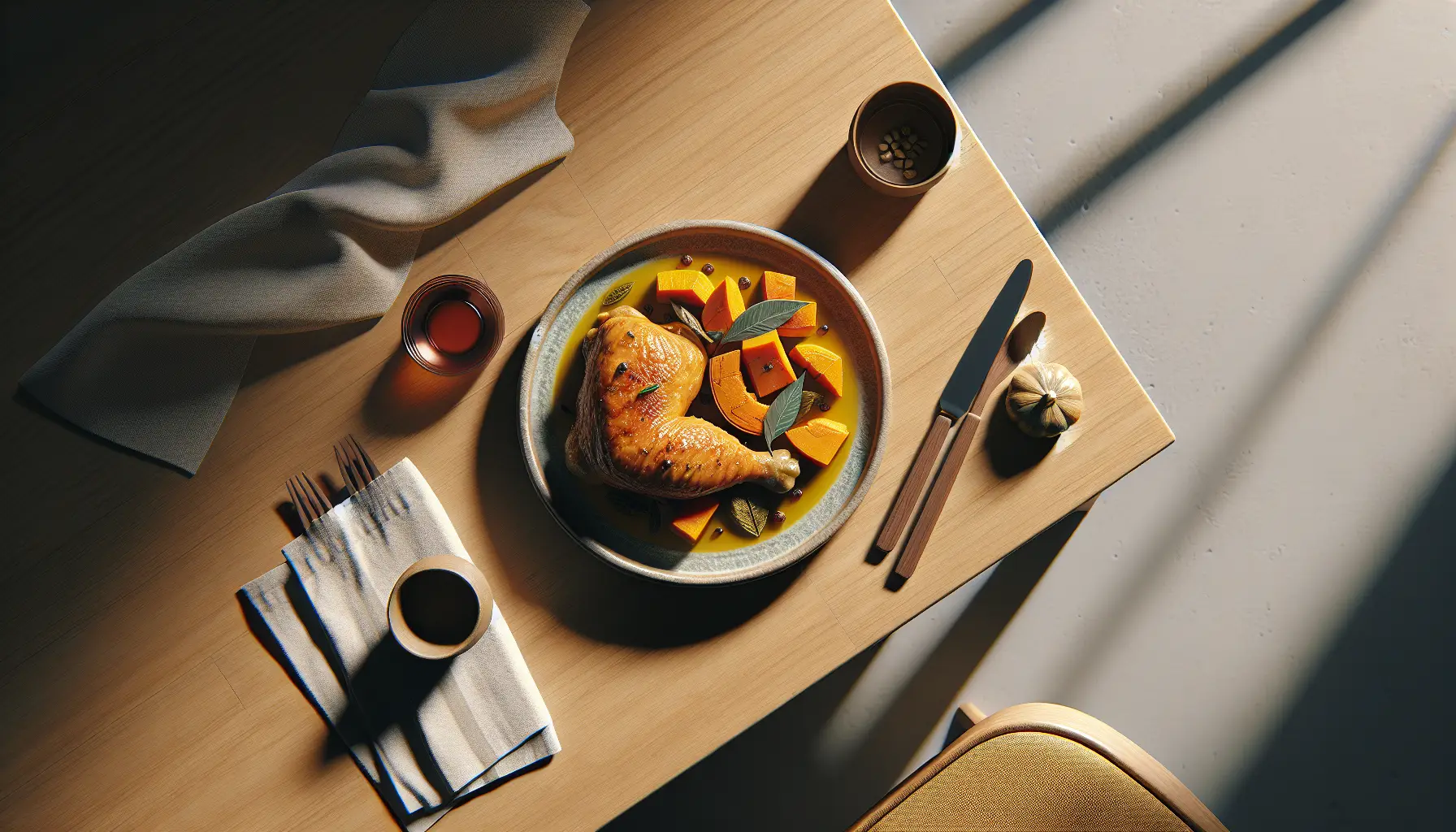 Steamed Chicken Adobo with Seasoned Pumpkin plated