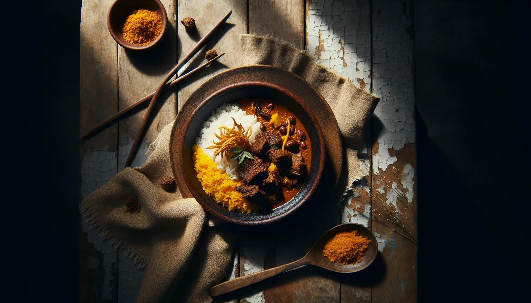 Braised Indonesian Beef Rendang with Coconut and Turmeric Rice plated