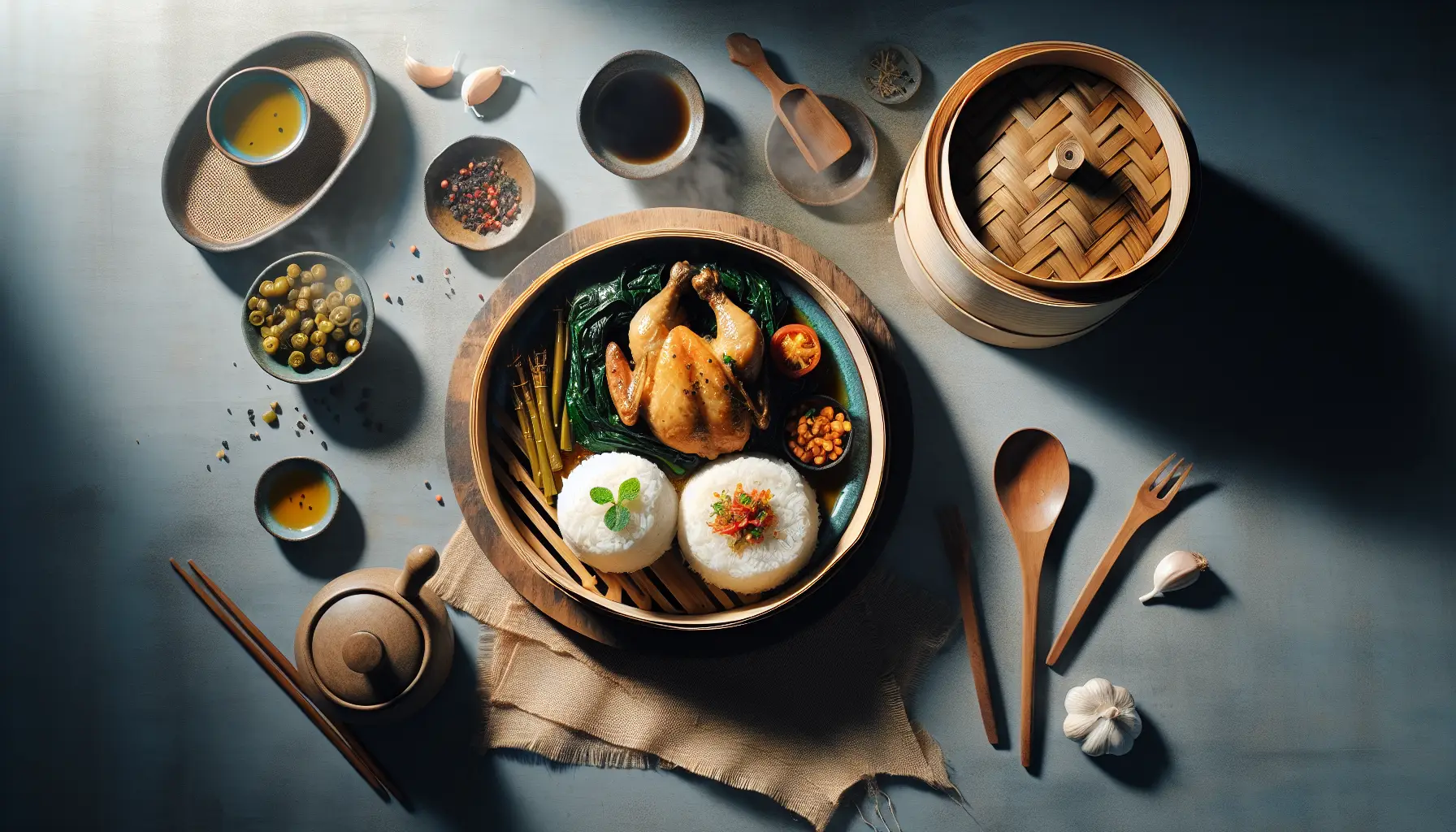 Steamed Chicken with Laing and Garlic Rice plated