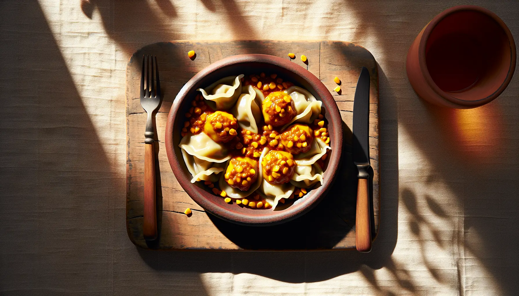 Ethiopian-Inspired Chicken Dumplings with Lentil Berbere Sauce plated