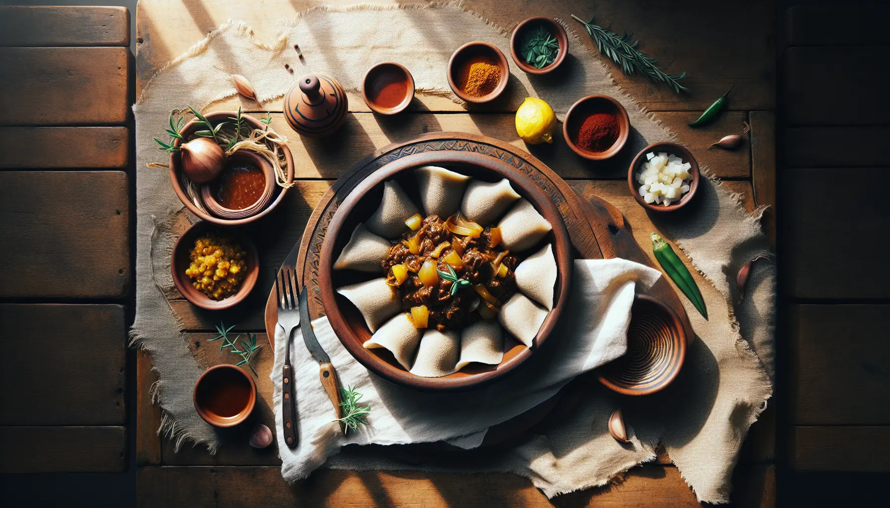 Ethiopian Slow-Braised Doro Wat with Injera Dumplings plated