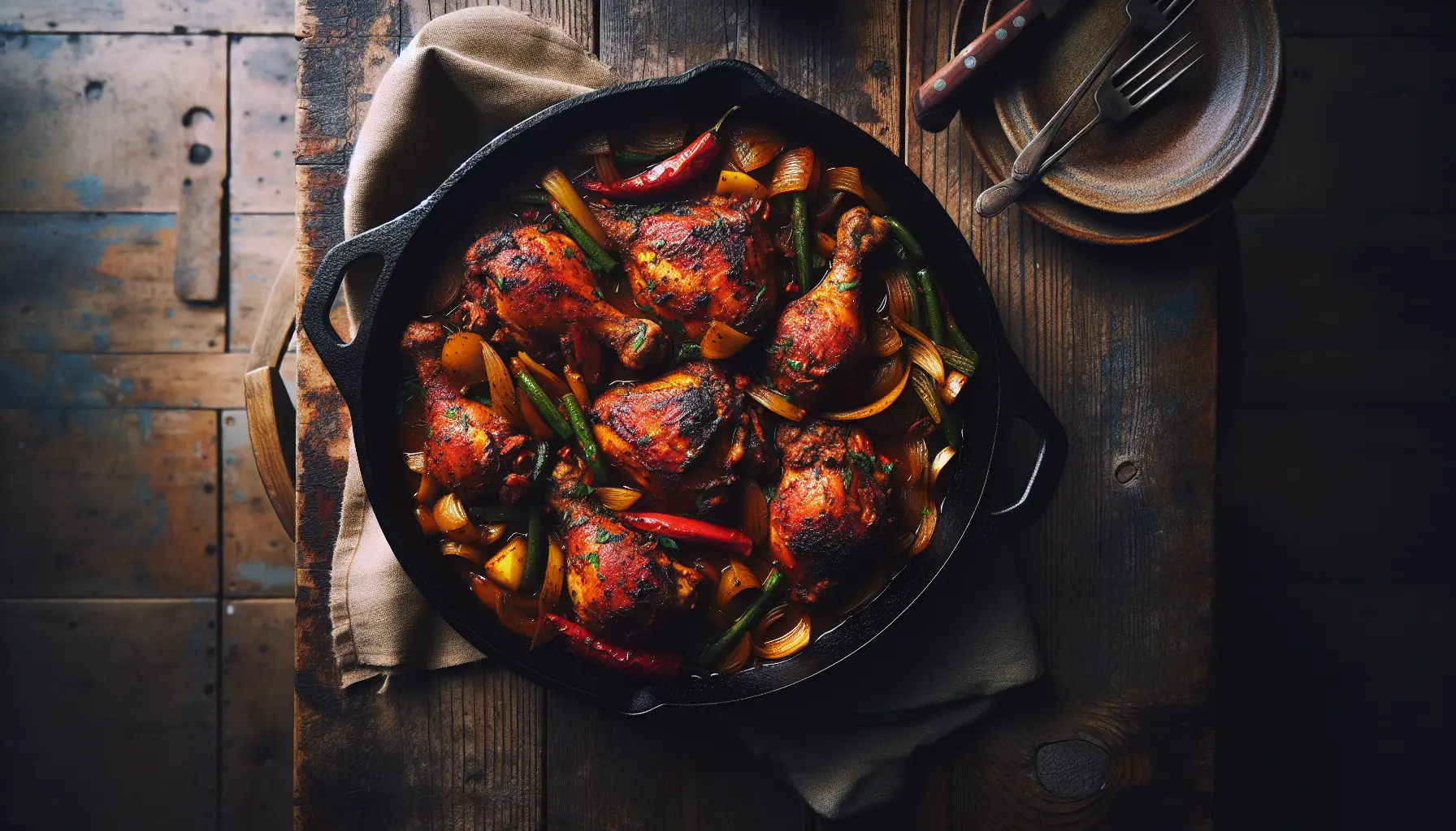 Slow-Braised Caribbean Jerk Chicken Skillet plated