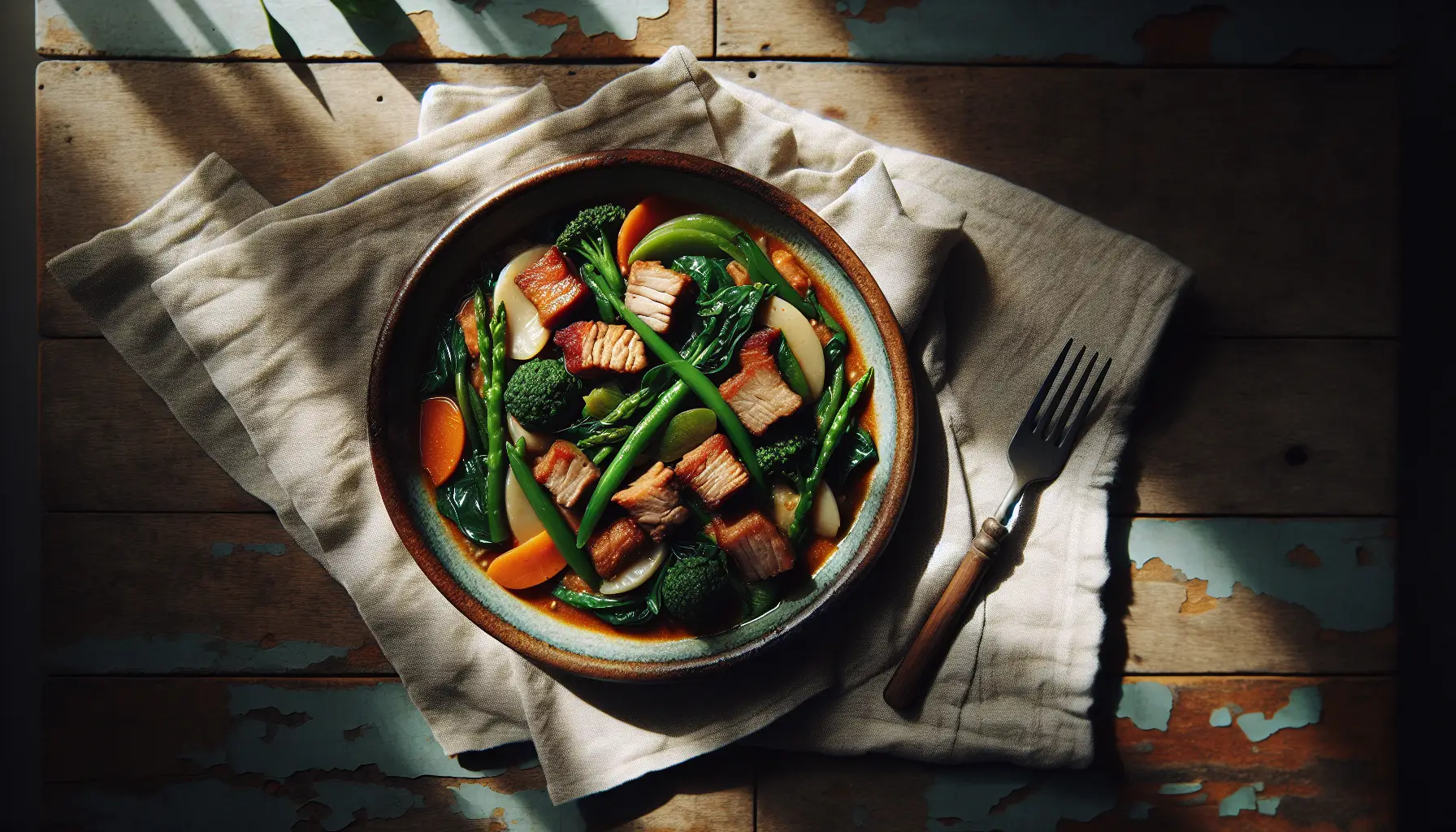 Filipino Pork and Vegetable Stew with Seasonal Greens plated