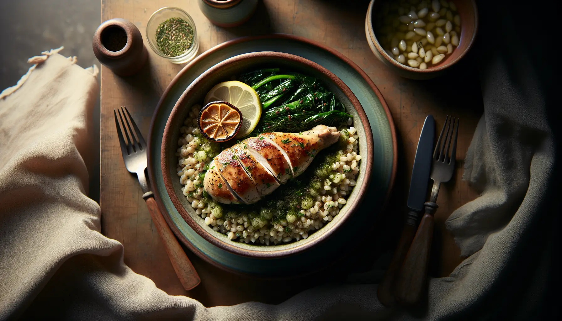 Lebanese-Inspired Barley and Herb Grain Bowl with Poached Lemon Chicken plated