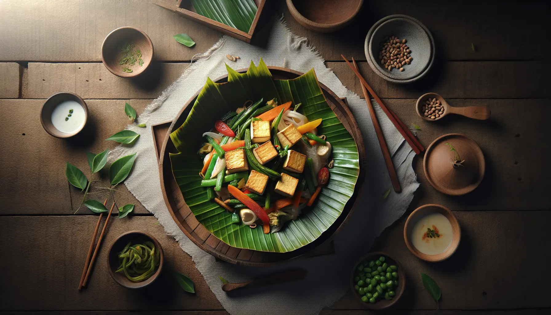 Indonesian Pepes Tofu with Seasonal Vegetables plated