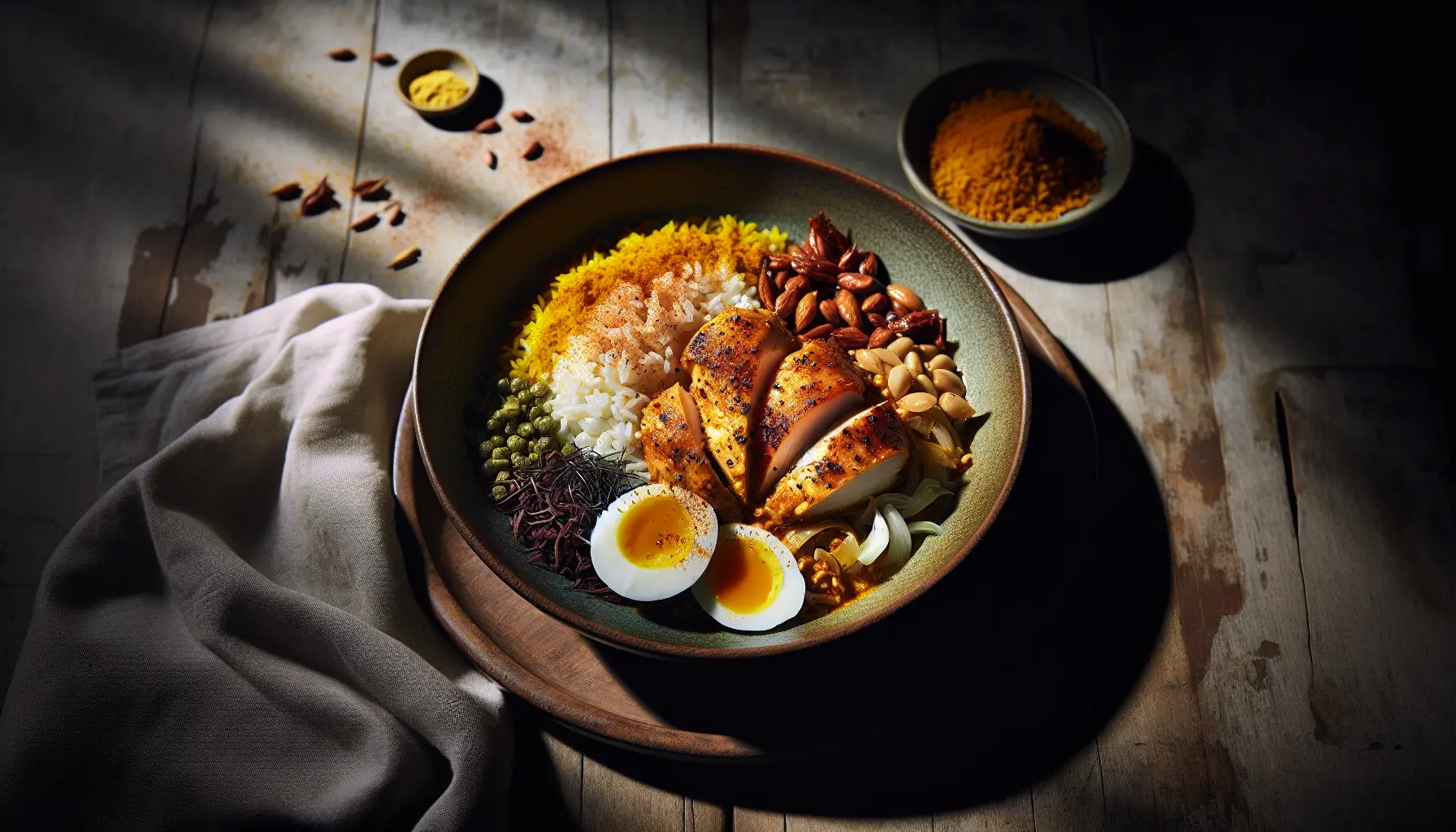 Indonesian Spiced Poached Chicken with Turmeric Coconut Rice Grain Bowl plated
