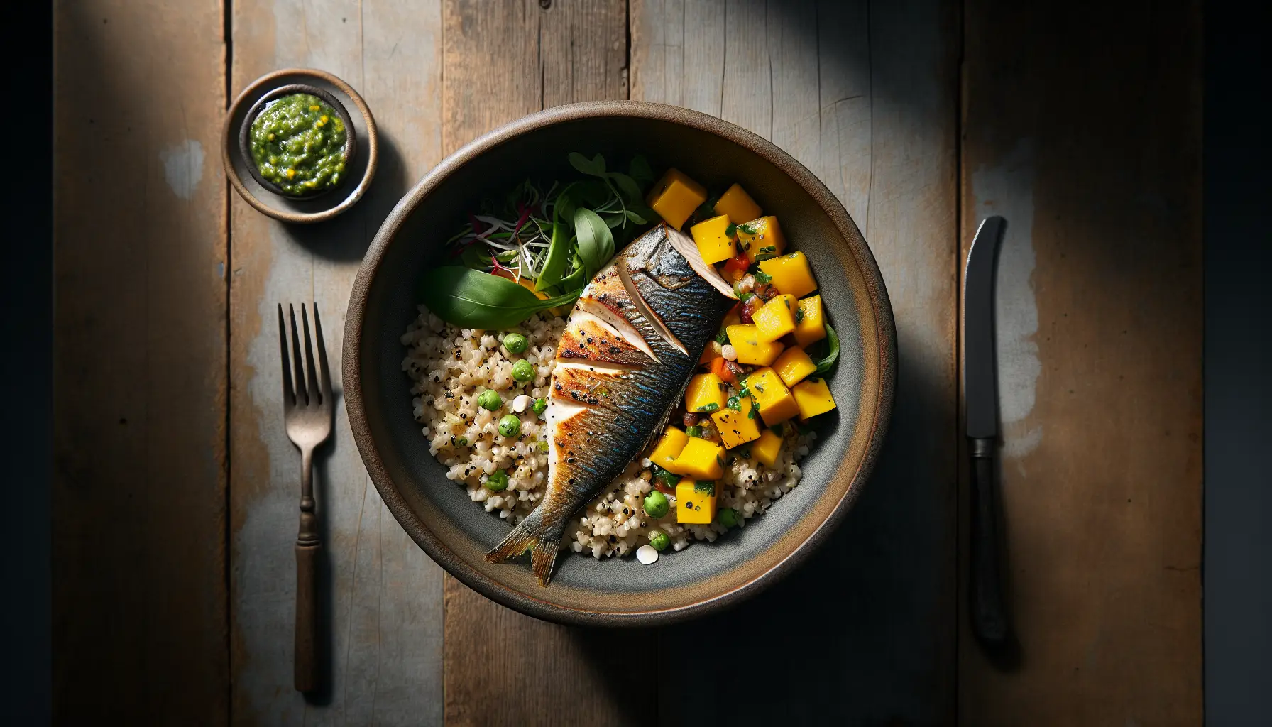 Caribbean Poached Fish Grain Bowl with Mango Salsa plated