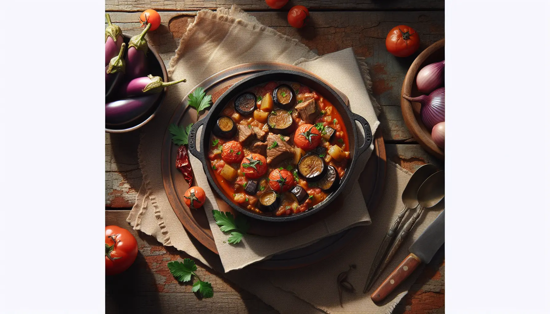 Lebanese Lamb and Eggplant Stew with Seasonal Tomatoes plated