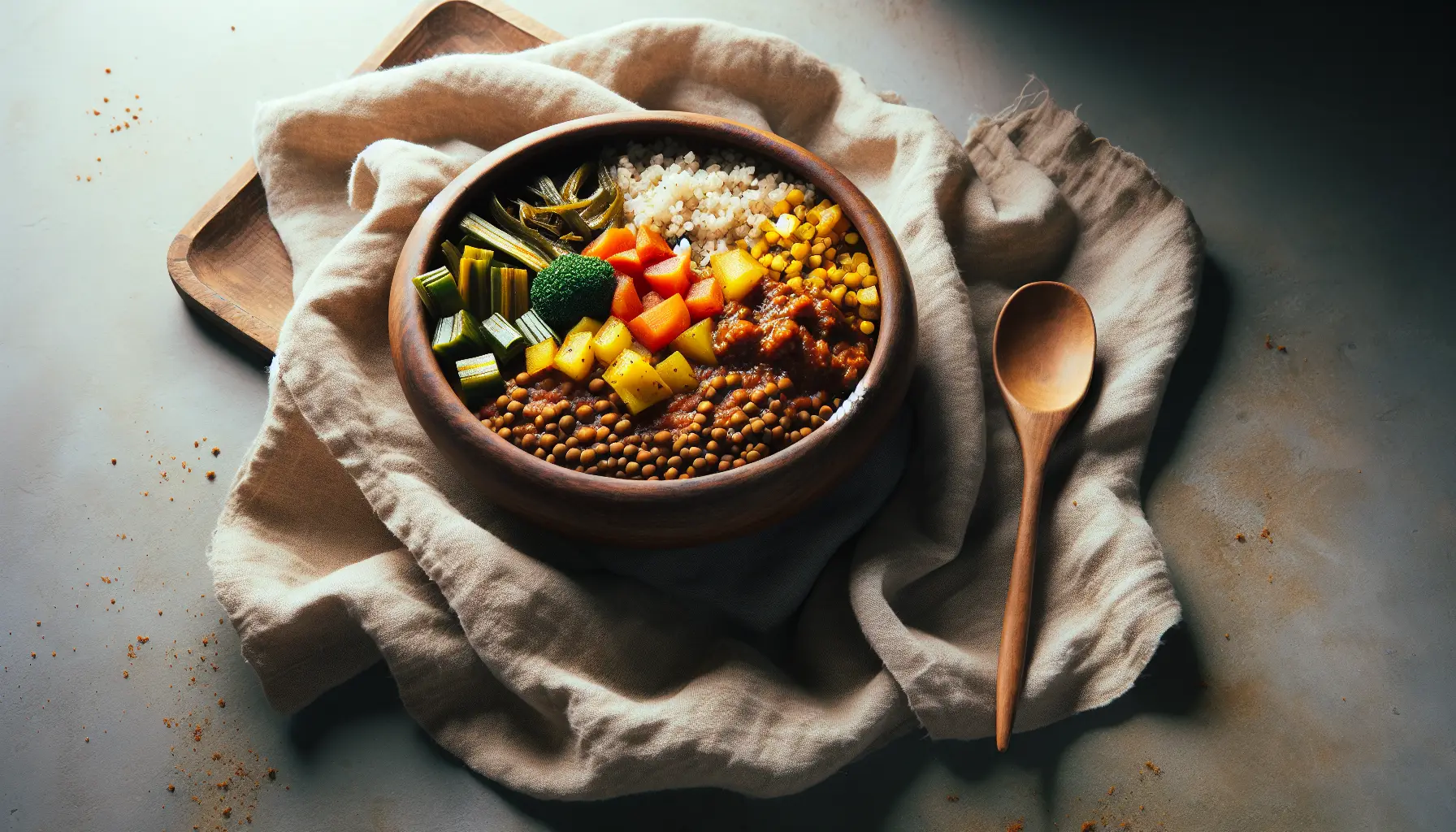 Ethiopian-Inspired Steamed Vegetable and Lentil Grain Bowl plated