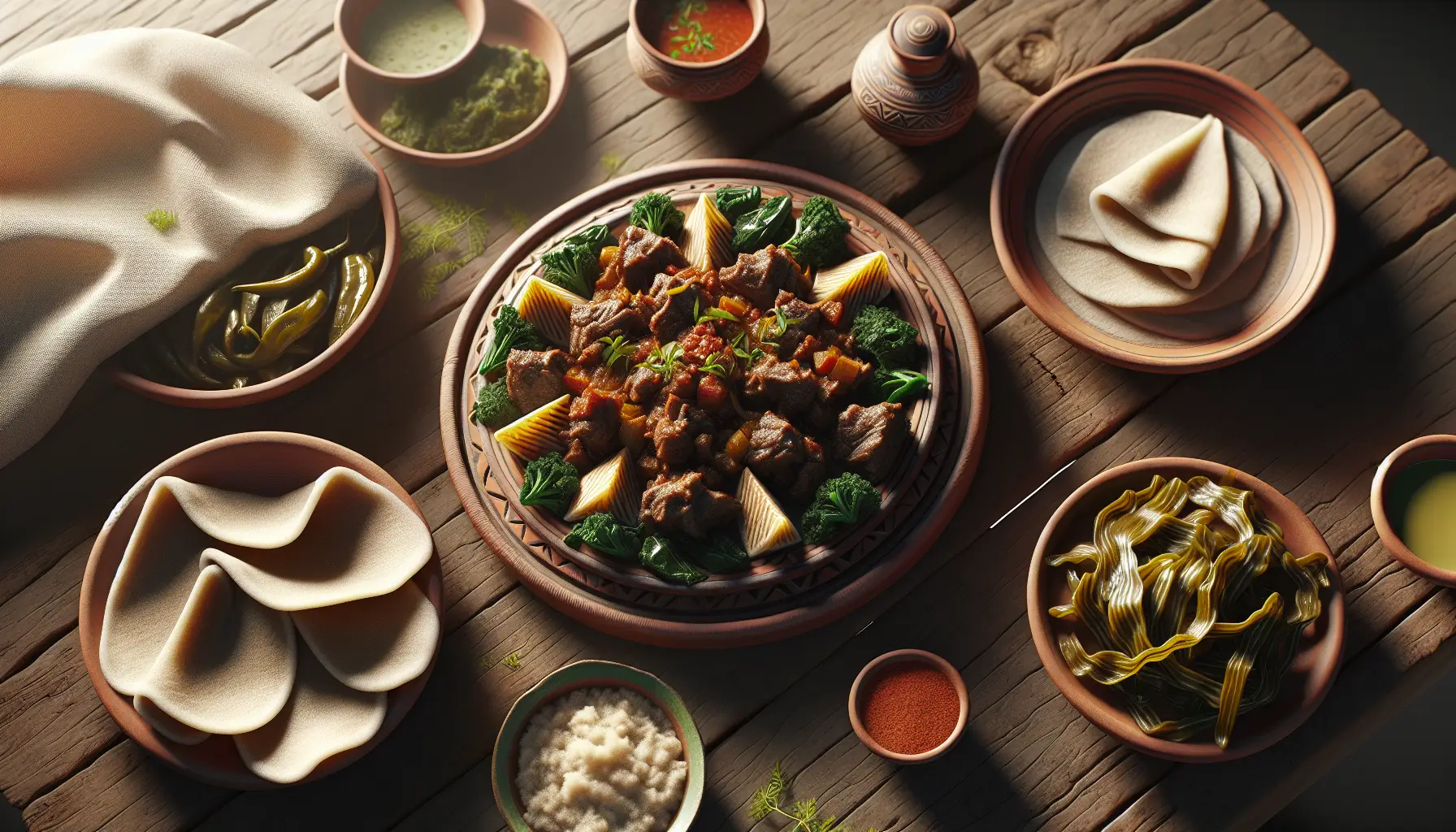 Ethiopian-Inspired Spiced Beef Tibs with Injera and Collard Greens plated