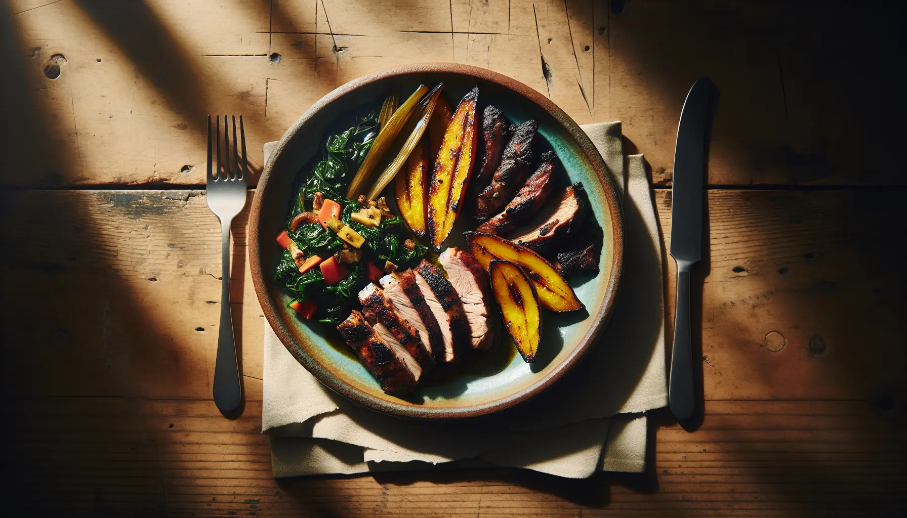 Caribbean Jerk Grilled Pork with Sweet Plantain and Callaloo Sauté plated