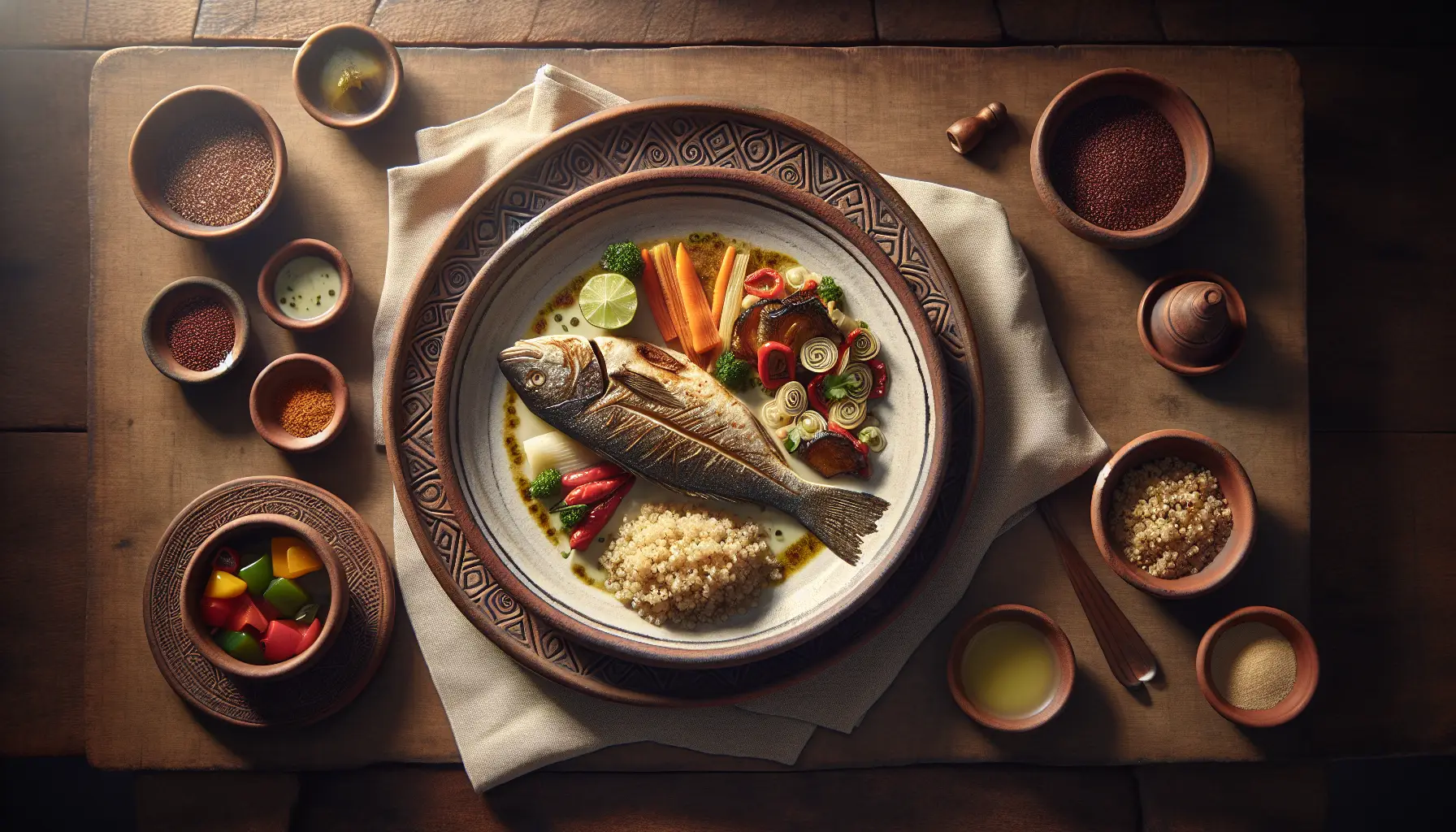 Peruvian Steamed Fish with Quinoa and Roasted Vegetables plated