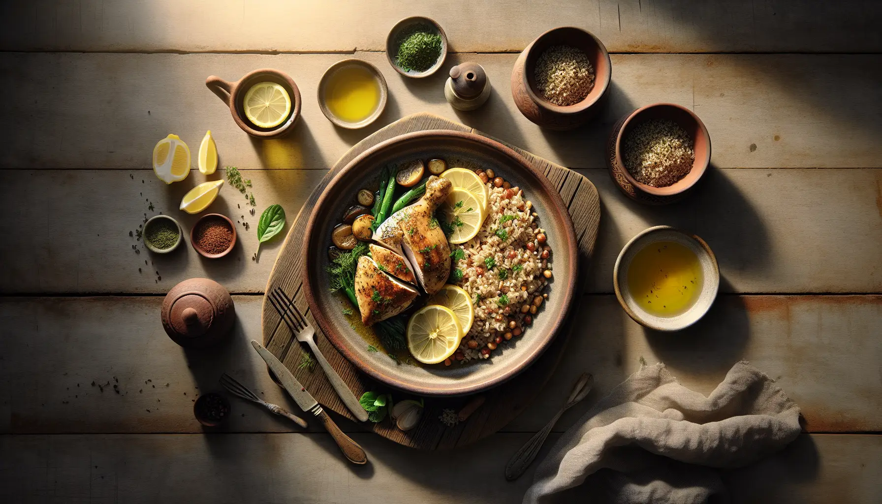 Lemon Herb Steamed Chicken with Freekeh Grain Bowl plated