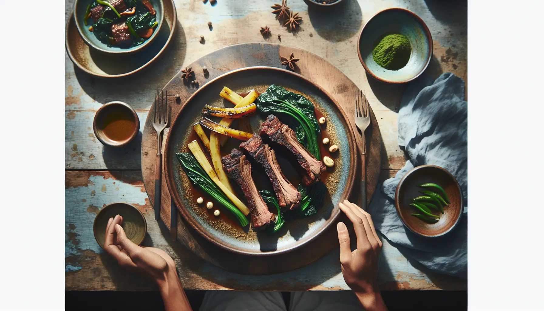 Slow-Braised Caribbean Beef Ribs with Callaloo plated