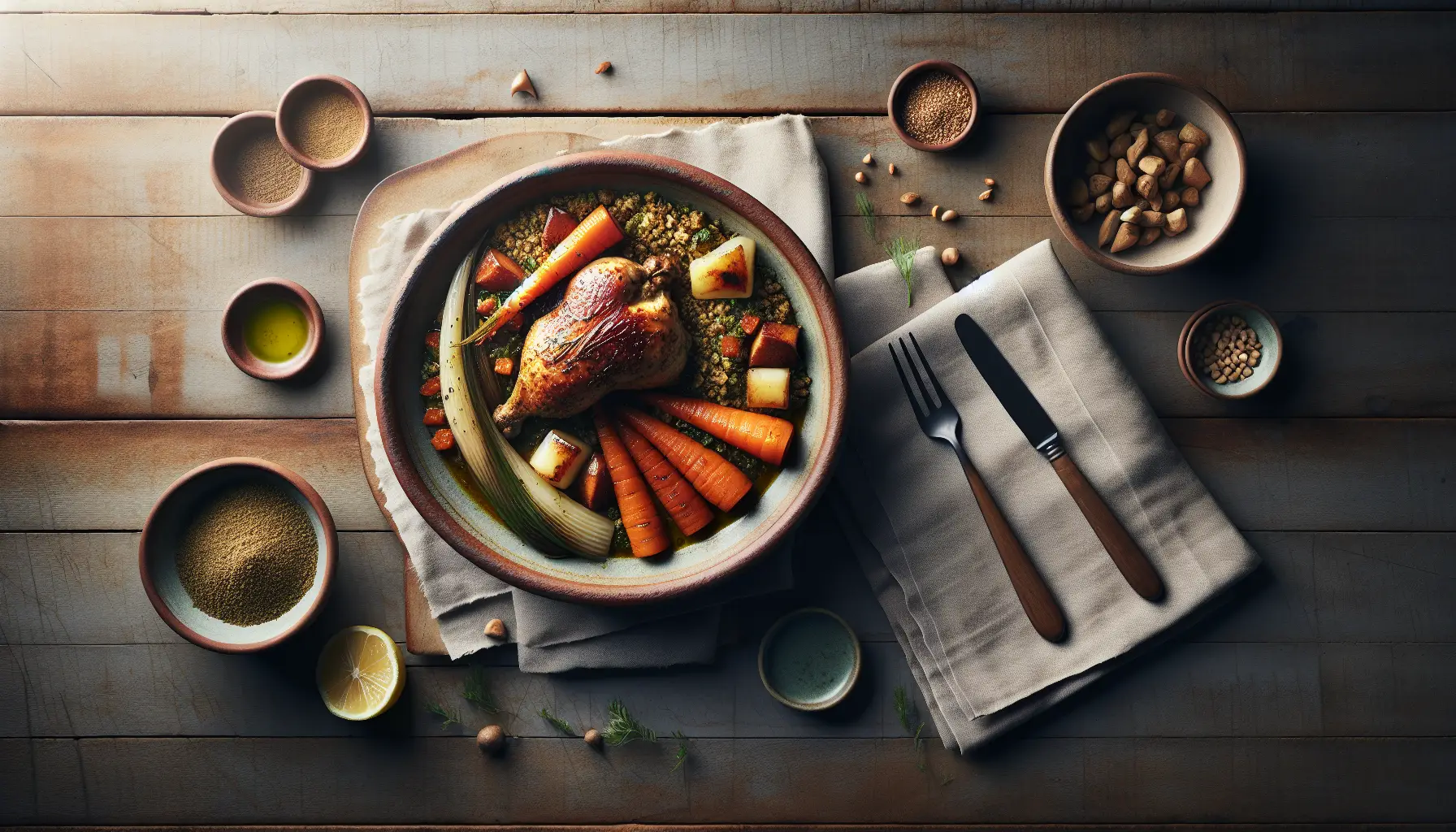 Lebanese Braised Chicken with Freekeh and Root Vegetables plated
