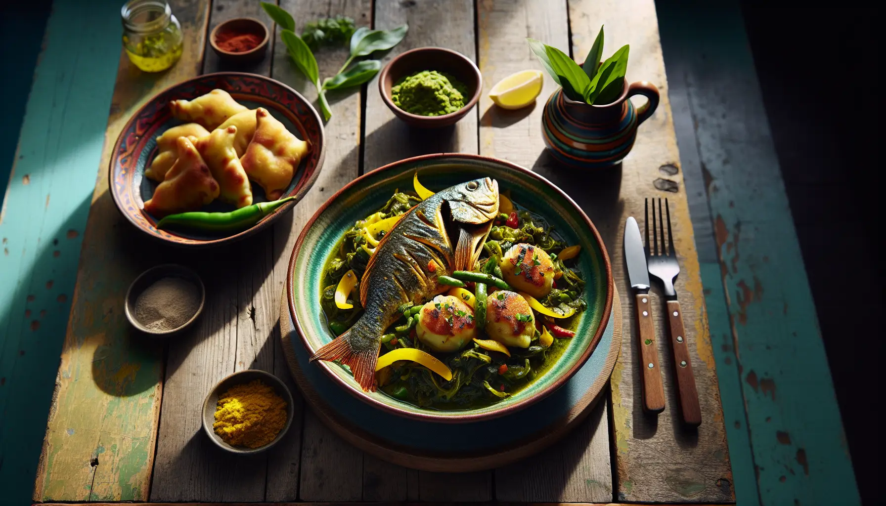 Caribbean Callaloo with Poached Snapper and Spiced Dumplings plated