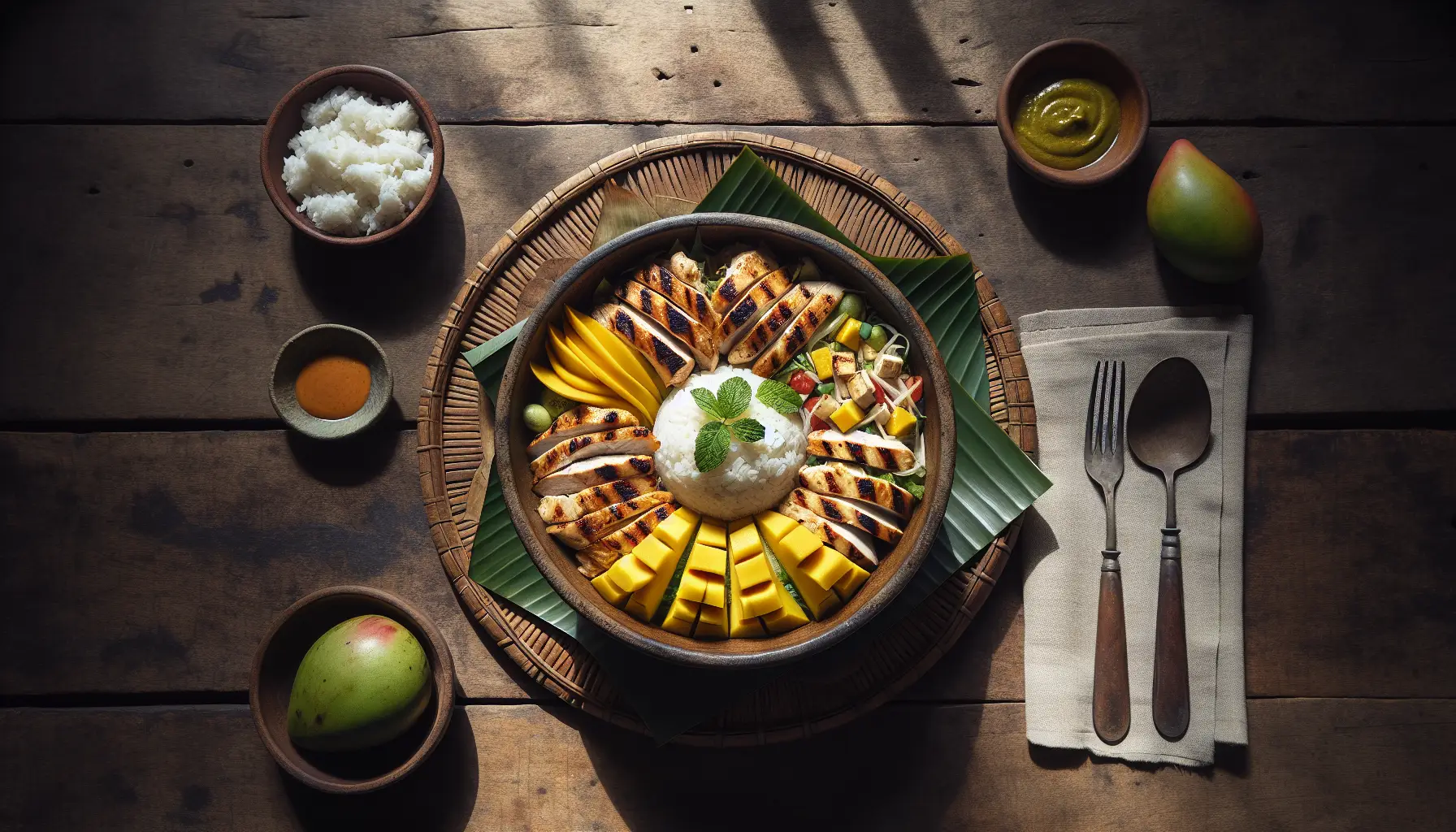 Indonesian Grilled Chicken Salad Bowl with Tropical Mango and Coconut Rice plated