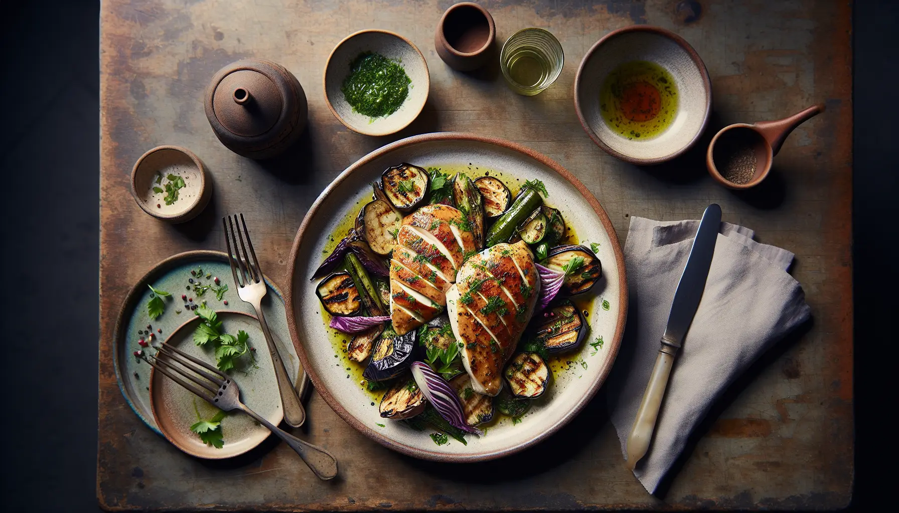 Lebanese Poached Chicken with Charred Eggplant and Herb Salad plated