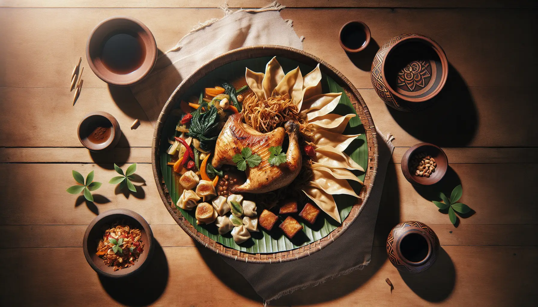 Balinese Braised Chicken with Crispy Tempeh Dumplings plated